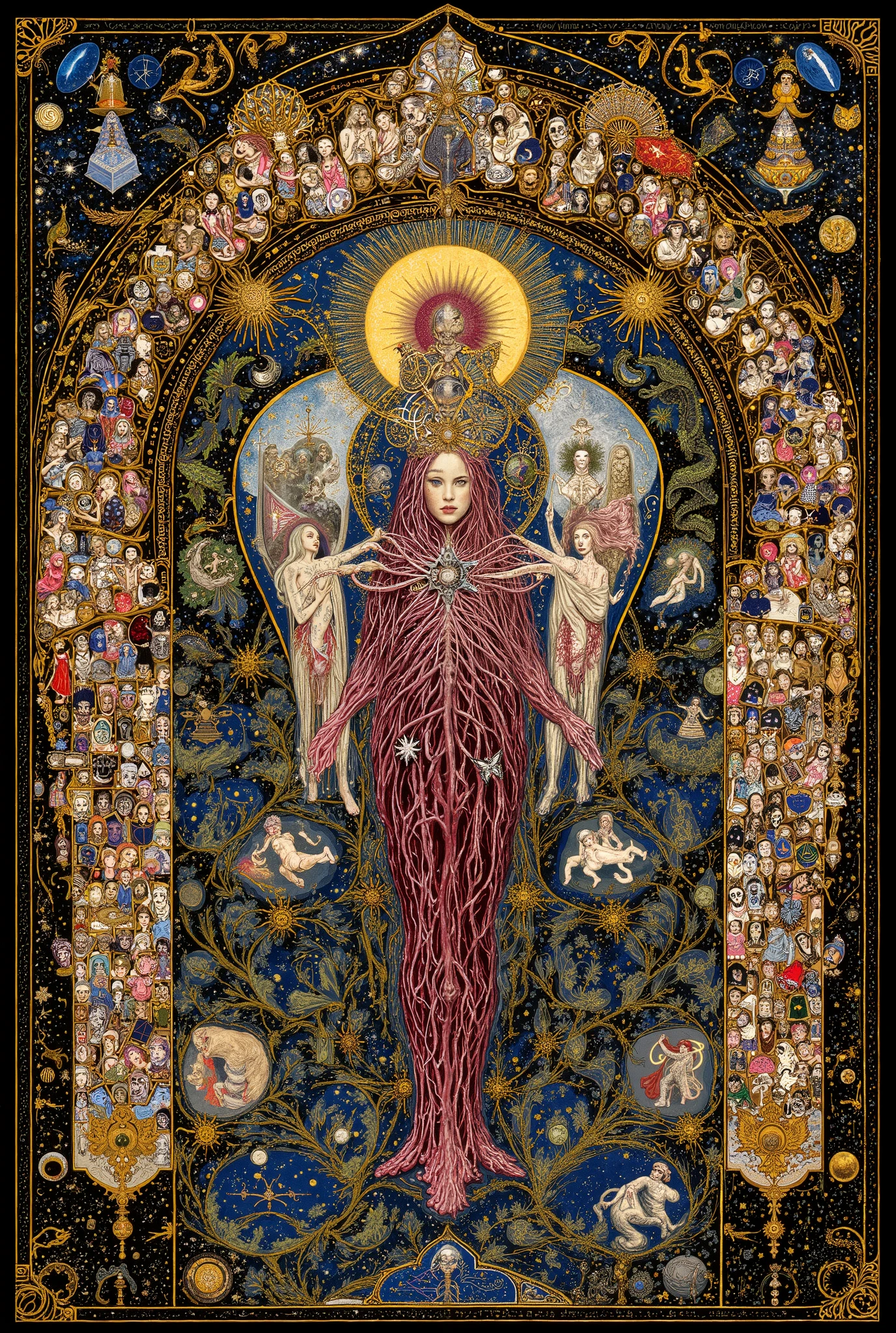 many girls  ,((beautiful people)),((dancing:1.5)),((astrology,tarot cards:1.5)),body horror,biomachine,(bloody),moonmoonlight, living being, (vivid color),(colorful),(tangled:1.2),(wearing  robe:1.2), H.R Giger style,Gustav Klimt  Style,Yoshitaka Amano style,
Granulated,plants,blood vessels,liquid,blue,gold,ritual,Abundance,
16k,detailed image,　　　by gustavklimt,made of blood and gore,biomechanical style