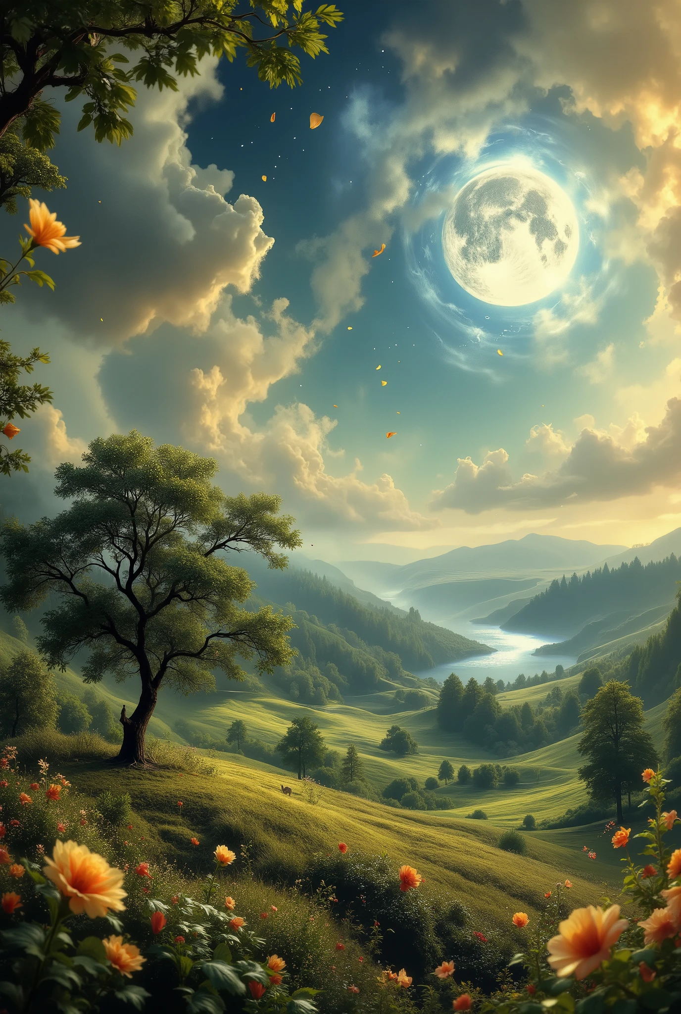 A beautiful landscape in nature with subtle notes of the passing sunset , overlooking the moon glowing in the daytime , beautiful views of fields with trees and the beautiful blowing of the wind petals of beautiful flowers, you can see small clouds and a beautiful misty forest with lakes , Beautiful painting , Masterpiece , 8 k, best quality , complicated details, maximum number of details , Beautiful painting , the perfect combination , beautiful wallpapers , a painting with a gold frame .