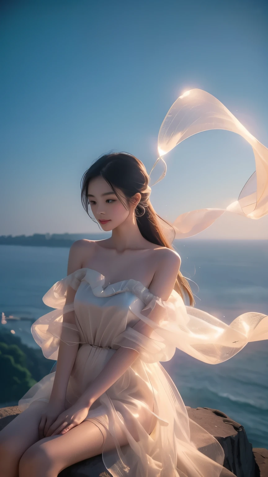 (masterpiece, best quality:1.2), 1girl , Alone, ((gufeng,bare shoulders)), at the hilltop,Moonlight,((sitting position, sitting at the edge of a cliff)), figure of heroine,Slender sexy legs,very beautiful legs,Leaking sexy legs,Big breasts,beauty, mystery。Beautiful face,Otherworldly beauty。The bridge of the nose is straight,Lip color like cherry,Confident and calm。face chiseled,Skin as fair as jade,Makeup is light and delicate,Show her temperament and charm。Light foundation, Transparency of skin,perfect eyebrow shape,eye makeup,eye shadow,eyeliner,Eyes are brighter and more energetic。Put on grace lipstick,Charm and sophistication。Clothes grace chic,Clothes flutter,Blown up by the wind,drifting into the distance。grace,Swinging action。Hair tied haphazardly behind the head,Secure it with a hosta,Strands of hair flutter gently in the wind,A beauty landscape,Attract attention。beauty、grace、mystery