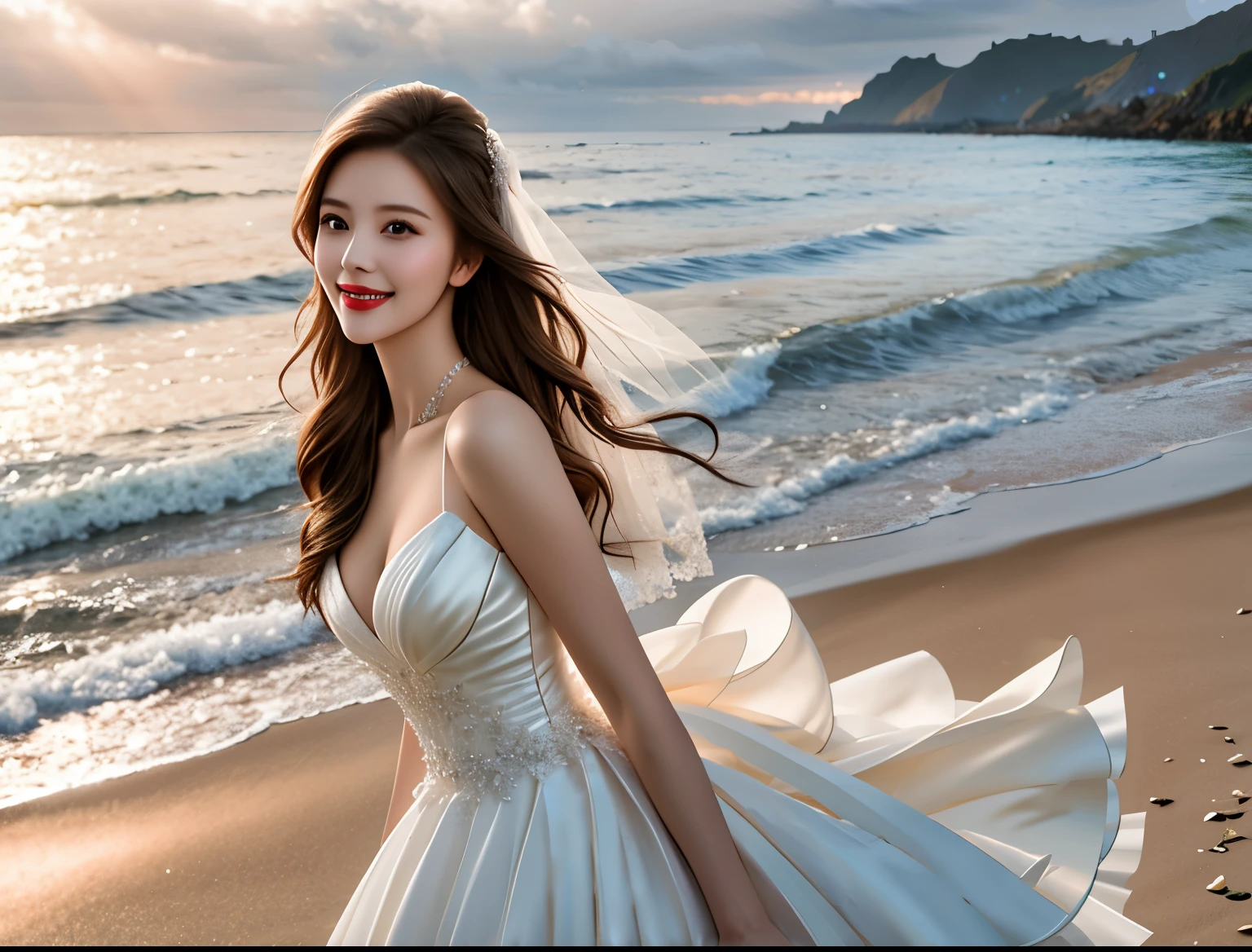((A girl stands by the seaside:1)), ((wearing wonderful wedding dress)), (smiling), ultra high resolution, (floating hair:0.4), ((masterpiece))), (((best quality))), ((super detailed)), ((extremely delicate and beautiful)),cinematic light, detailed environment(real), motion blur, depth of field, (medium breast:1.2), lighting effect, (charming), ((extremely beautiful and detail face))
 (masterpiece,best quality:1.5)