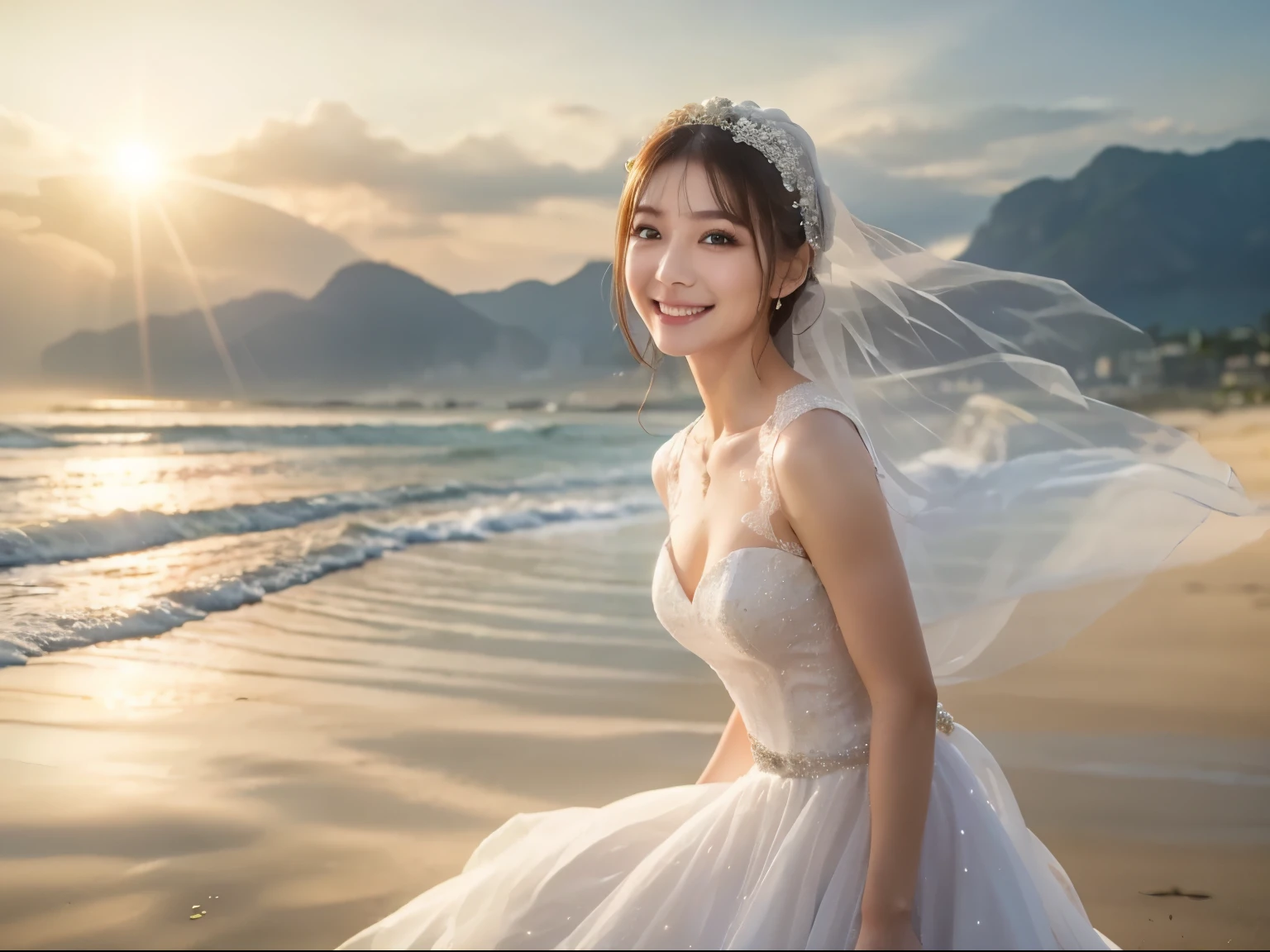 full body Esbian、((lensflare))、((Constricted waist circumference))、((Smiling)),((((27yo)))),(((Smaller bust))))、(((Colorful Wedding Dresses)))、(((Muscle feeling)))、(((photorealism:6, realistic)))、shorth hair、pale-skinned、looking at the viewers、the beach、coastline、the wind、vague、 8k uhd、Digital SLR、softlighting、hightquality、top-quality、超A high resolution、(Photorealistic:1.4)、beautiful smiling face, Beautiful detailed sky, movie light, depth of fields, Lens flare light、(A smile:1.15)、(Mouth closed)tiny chest、beautiful finely detailed eyes、Floating hair Nova frog style