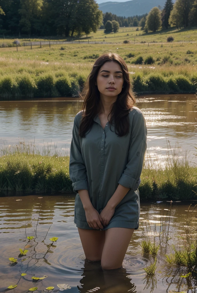 close-up of a woman in a gray dress in the water