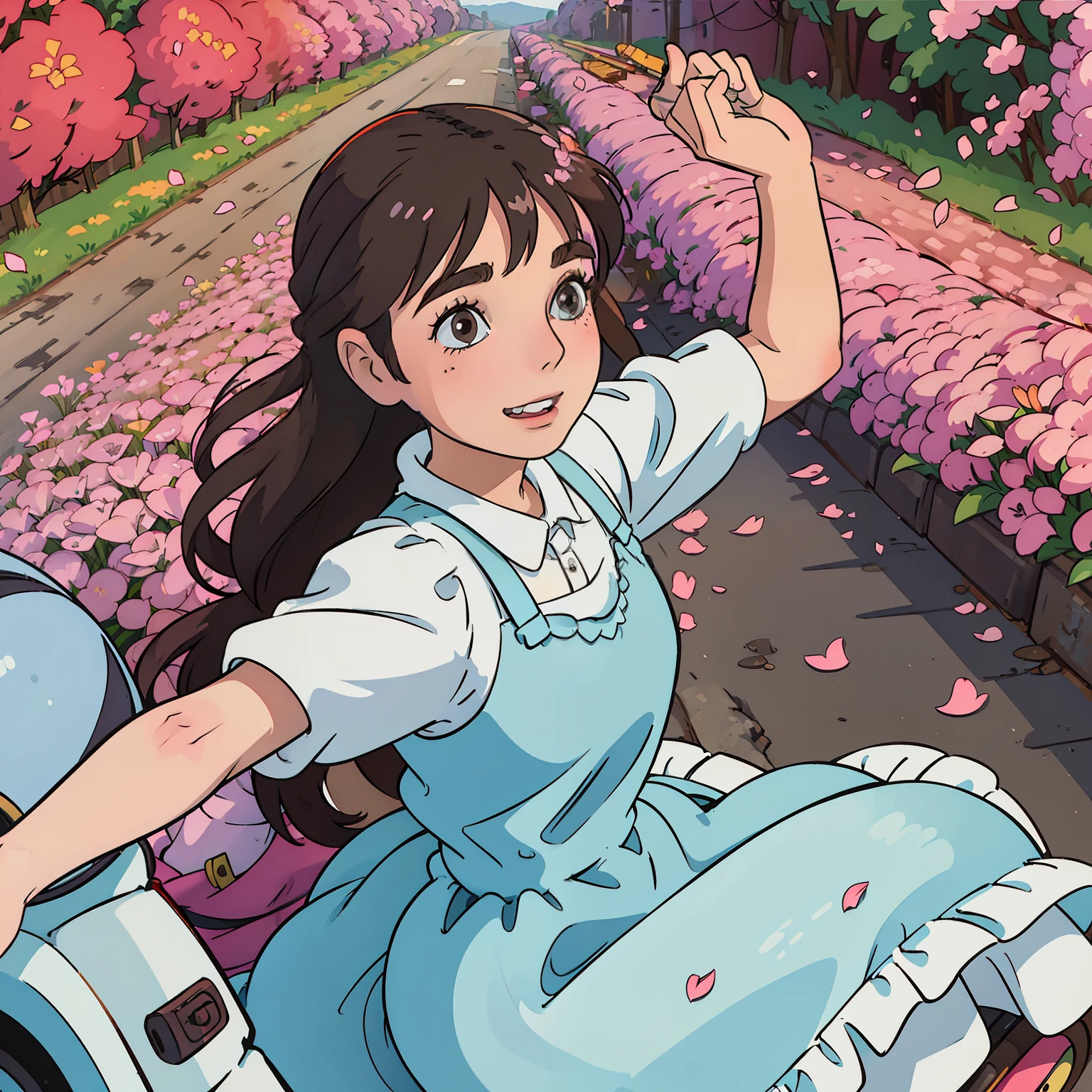 A young woman smiling with brown hair, wearing a white t-shirt and denim overalls, is riding a white Vespa with pastel red details along a flowery country road. The camera follows the Vespa from behind and to the side, capturing the moment when the young woman throws a handful of rose petals over her shoulder. The petals create a trail of color that spreads behind the Vespa. Background: a lavender field, with a clear blue sky and fluffy clouds. Style: action photography, vibrant color