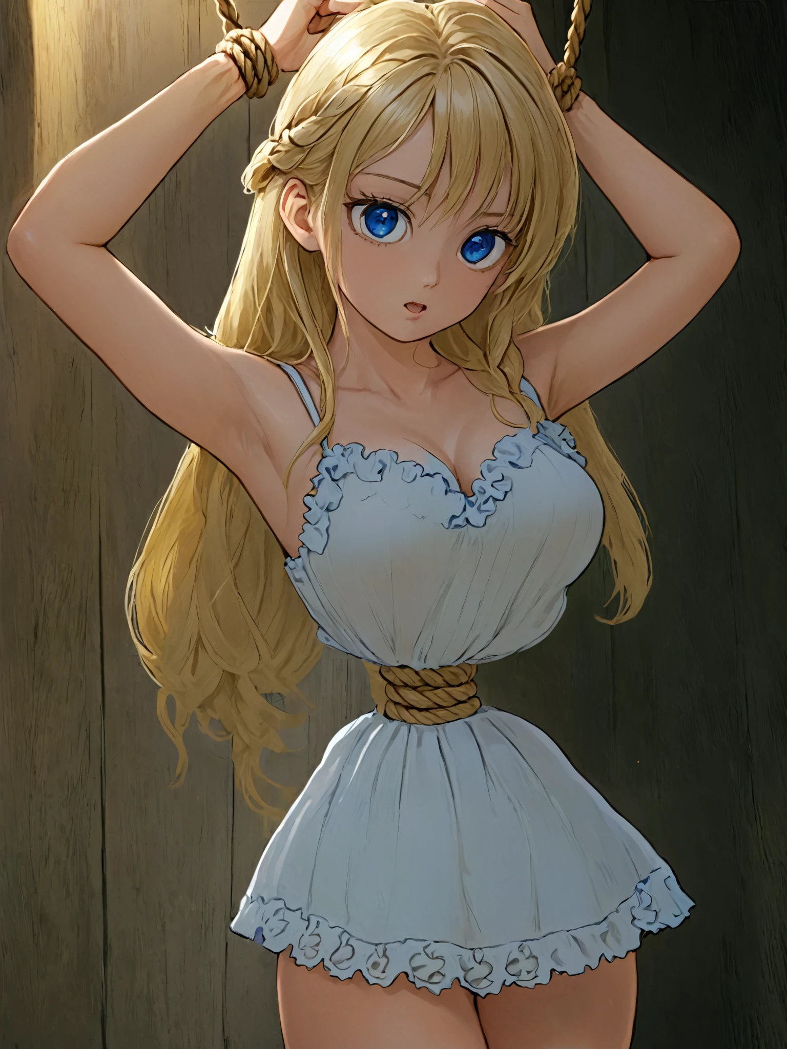 ((  anime style))),((   masterpiece )), ((  top quality)), (  very detailed), Copy House,((( Hemp Ropes Tight at Her Waist))), cute girl,   in the seat,white ruffle slip dress  , Beautiful blonde ,(  beautiful blue eyes ),   long hair,   expression of pain