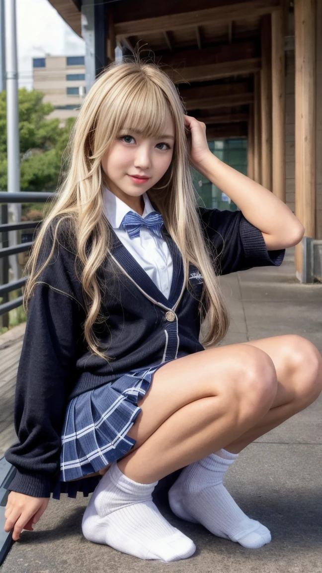 Her windblown blonde hair obscures her pretty face..、Bangs that flow between the eyes、Sexy big 、16 year old cute little smile、Shiny, bright, straight, super long blonde hair、Cute and beautiful long, smooth bangs covering the area between the eyes、Long, straight, silky hair、sexy and cute beautiful young girl、clear, white and Shiny skin、Shiny skin、Beautiful Face、Beautiful brown eyes that shine so brightly、Very big eyes、Small Face Beauty、Perfect beauty、（Full body 2：1）、（high school girl）、A shot from below of someone climbing the stairs、uniform、Sailor suit、Short sleeves、Navy blue short skirt、loose socks、Leather shoes、Her white pants are slightly visible、Sexy pose、gravure、 information