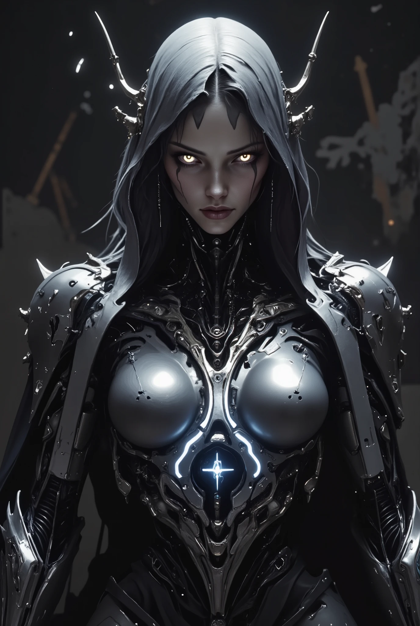 UHD, cool, pretty girl face, empress of darkness,a woman in a futuristic suit with a yellow glowing head and glowing "+BUZZ+" logo write on chest, glow aura at back, cyberpunk art inspired by Marek Okon, cgsociety contest winner, digital art, gynoid cyborg body, girl in mecha cyber armor, cyber suit, cybersuit, in white futuristic armor, cybersuits, diverse cybersuits, gynoid body, echo from overwatch, perfect anime cyborg woman, gloomy background
