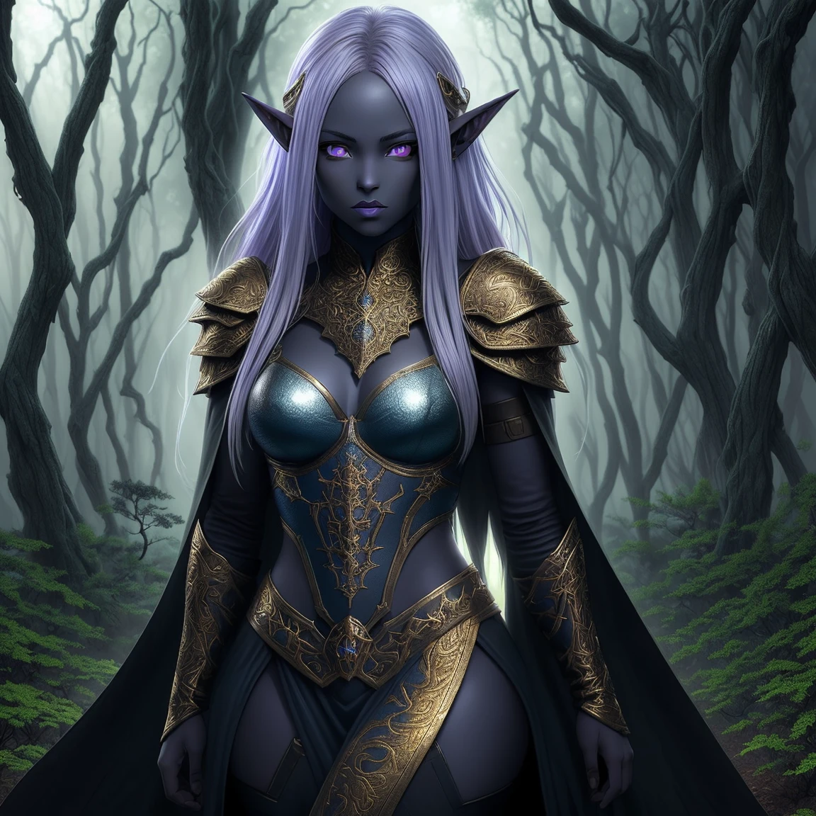 a beautiful dark elf woman with long white hair and a hairband covering one eye, gold glowing eyes, large breasts, hoop earrings, long pointy ears, wearing royal dark purple tunic with legs exposed, walking through a night forest, (best quality, 4k, 8k, highres, masterpiece:1.2),ultra-detailed,(realistic,photorealistic,photo-realistic:1.37), award winning, super detailed, UHD