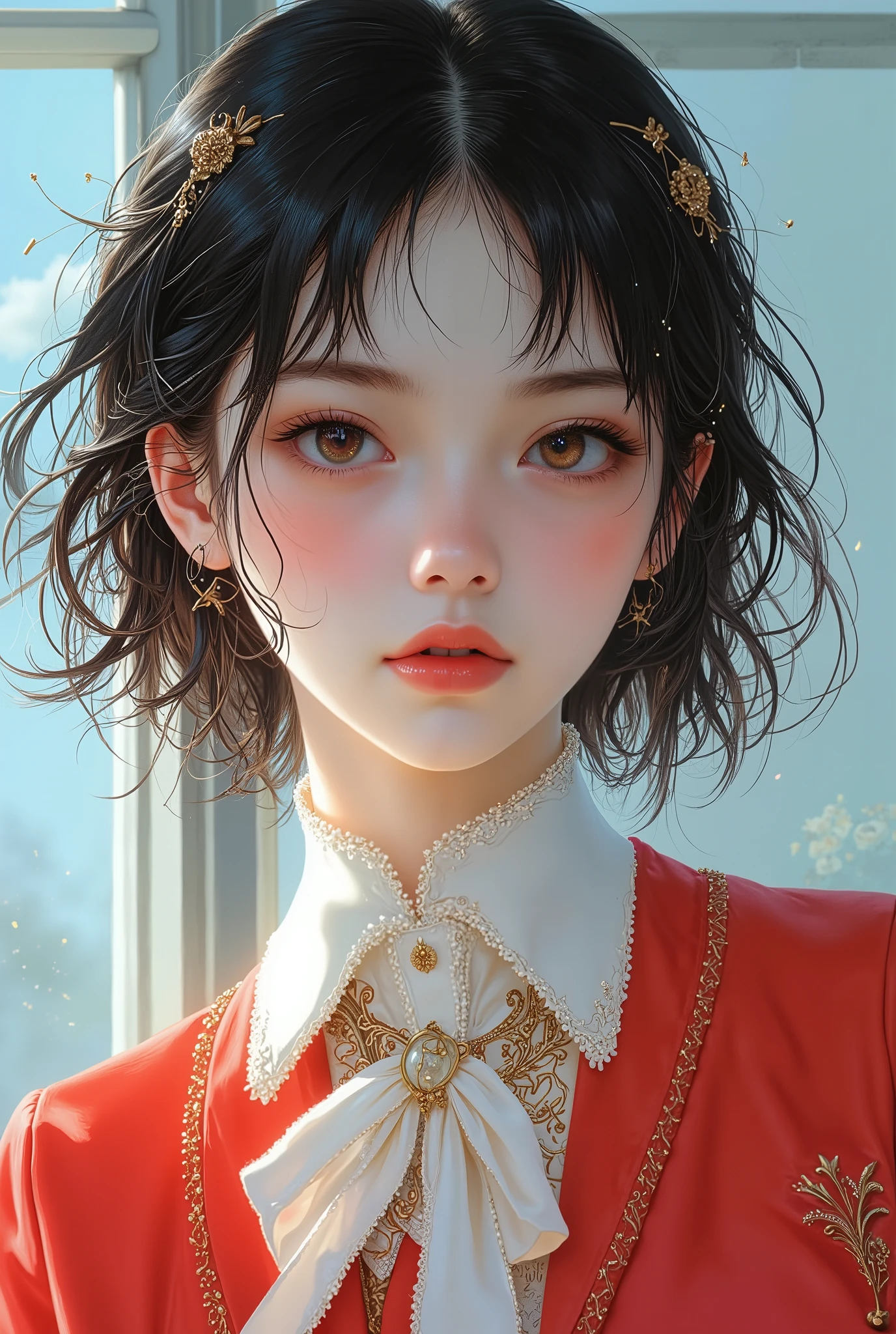 Girl, dark brown hair, brown eyes, sharp features, white skin, pink lips, perfect, wearing a school uniform, clear bright colors .