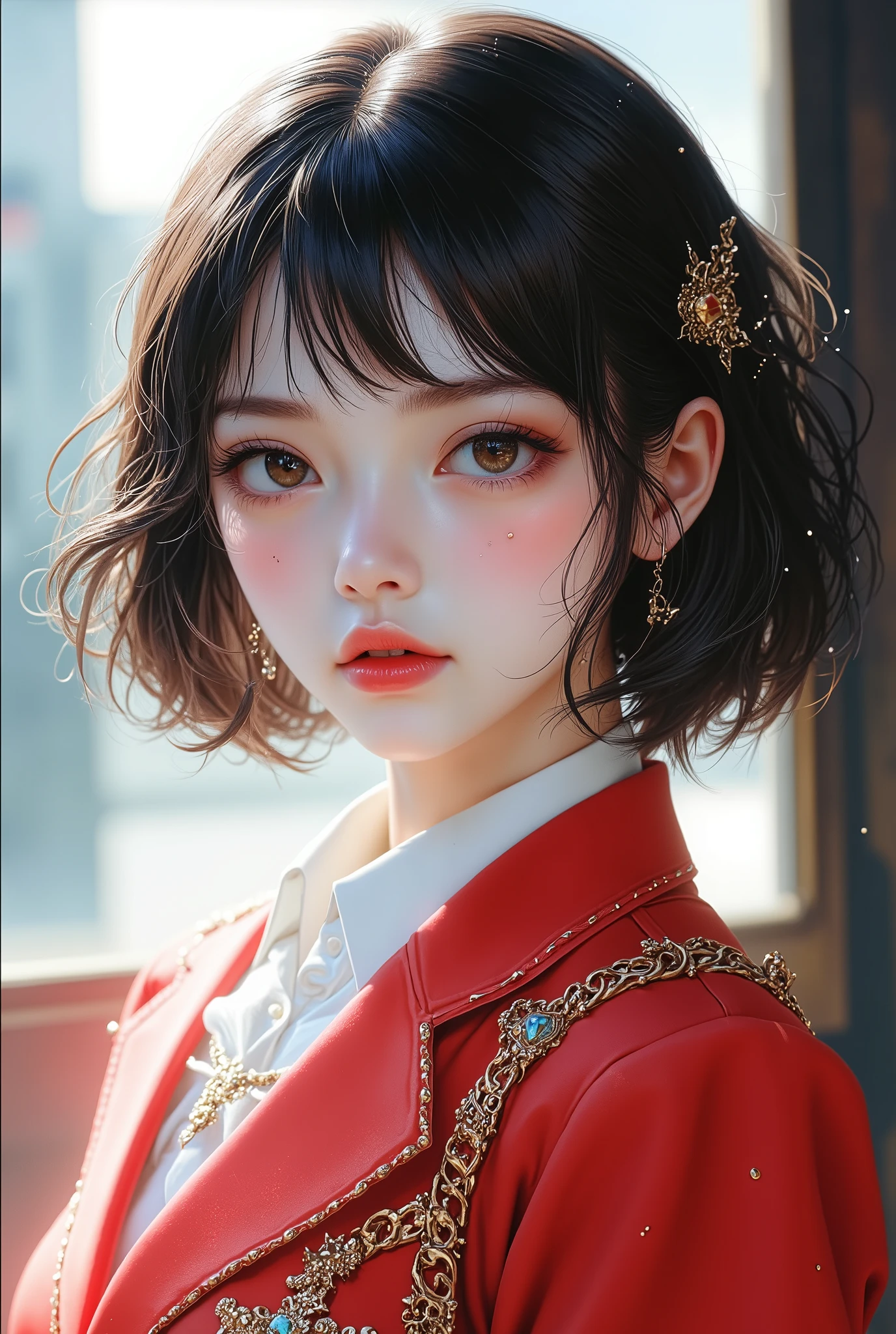 Girl, dark brown hair, brown eyes, sharp features, white skin, pink lips, perfect, wearing a school uniform, clear bright colors .