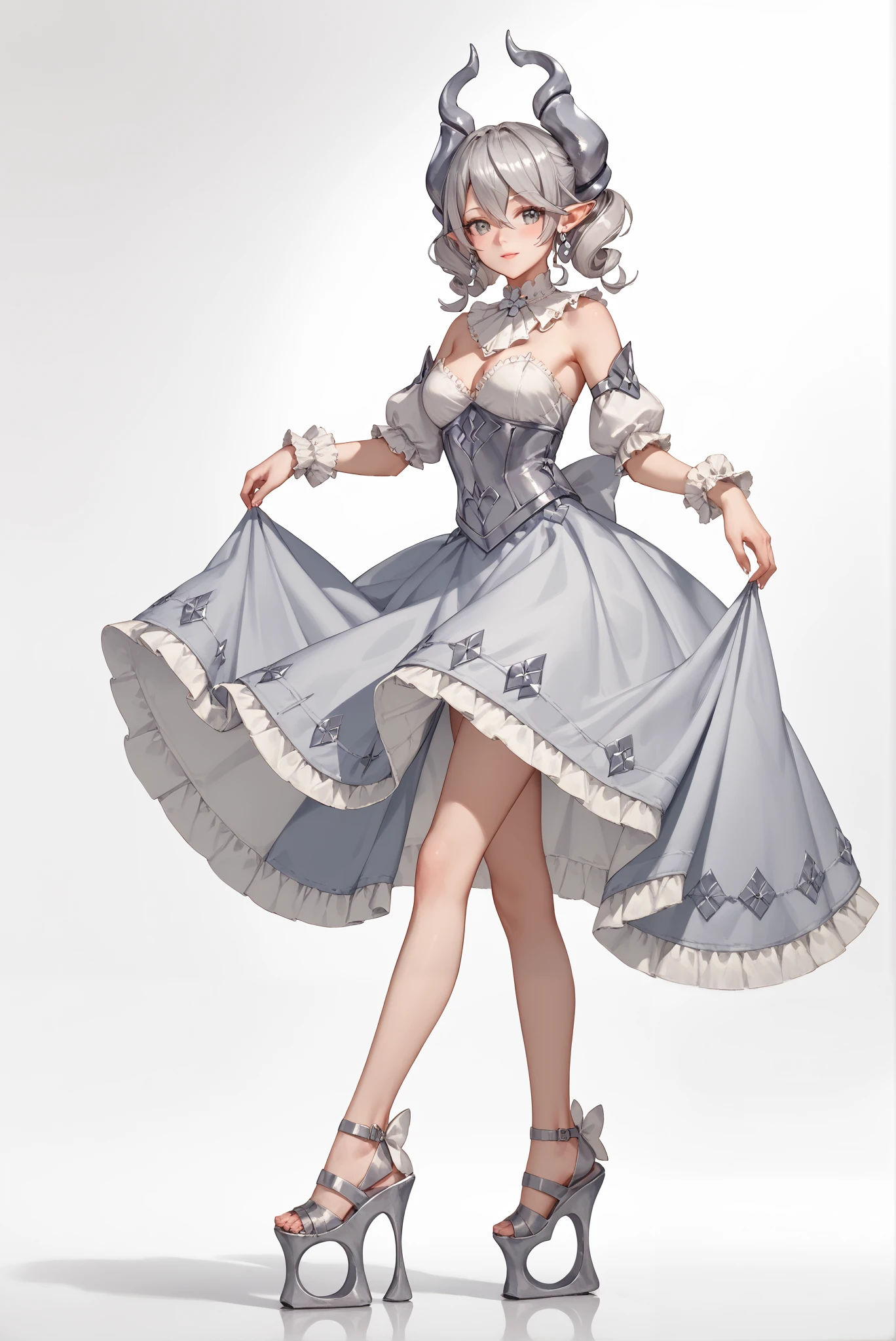 ( stands,whole body:1.7),lovely labrynth of the silver castle, demon horns, drill hair, grey eyes, grey hair, hair between eyes, horns, medium hair, pointy ears,, HoleHeels,Hole platform/ oval/ Circle Heels,Heels