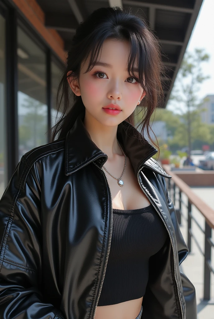 (((wearing leather riders jacket ))), (((wearing long skirt ))), kawaii, Bewitching eyes, well-balanced eyes, //street snap //fashion model posing, ((facing viewer)), //at the street, //japanese lady, pale skin, //permanent wave, //((standing)), high quality:1.3, Professional lighting:2.0 realistic:1.2, 4k resolution, detailed skin, masterpiece:1.1, big breasts, cleavage, fullbody,