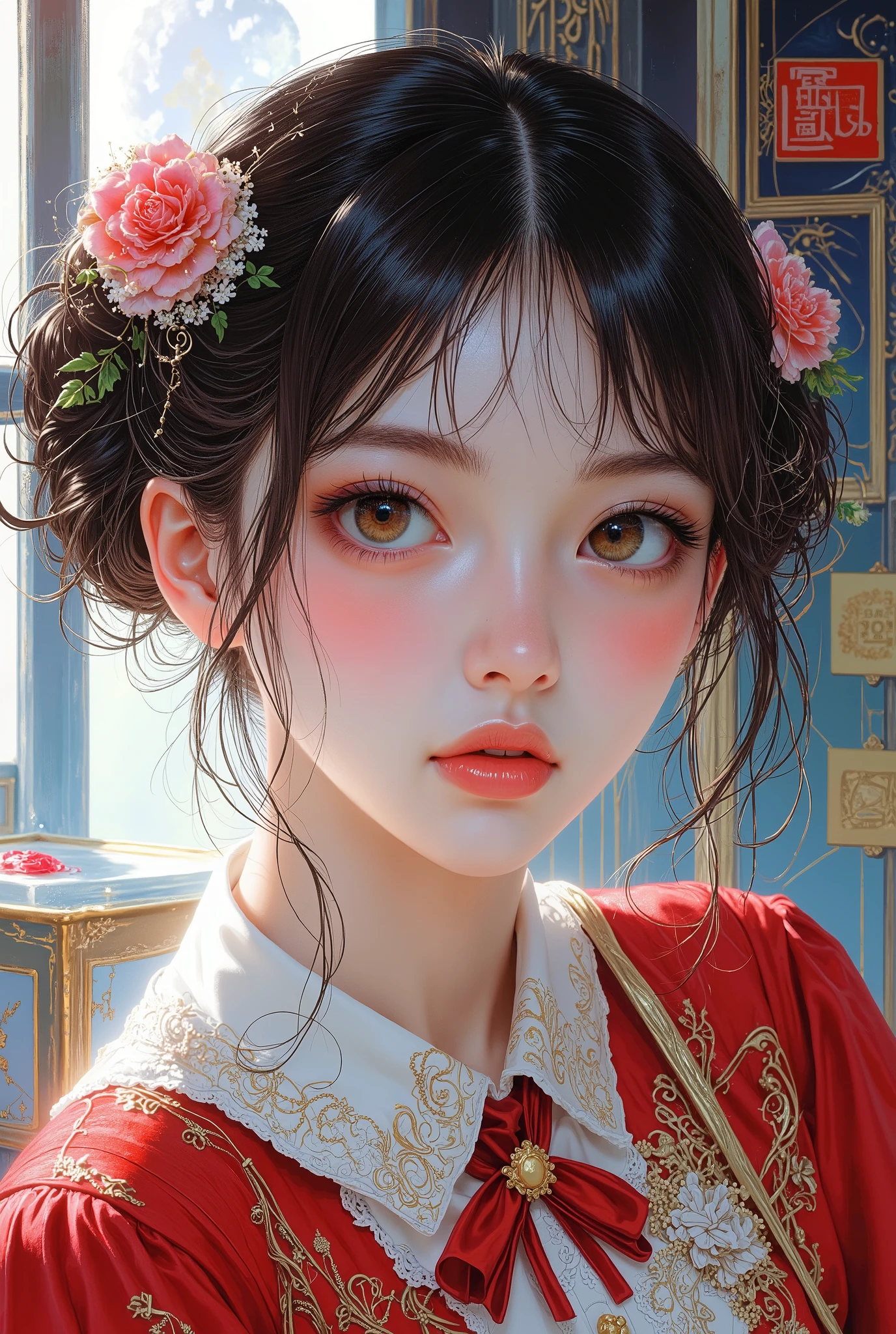 Girl, dark brown hair, brown eyes, sharp features, white skin, pink lips, perfect, wearing a school uniform, clear bright colors .
