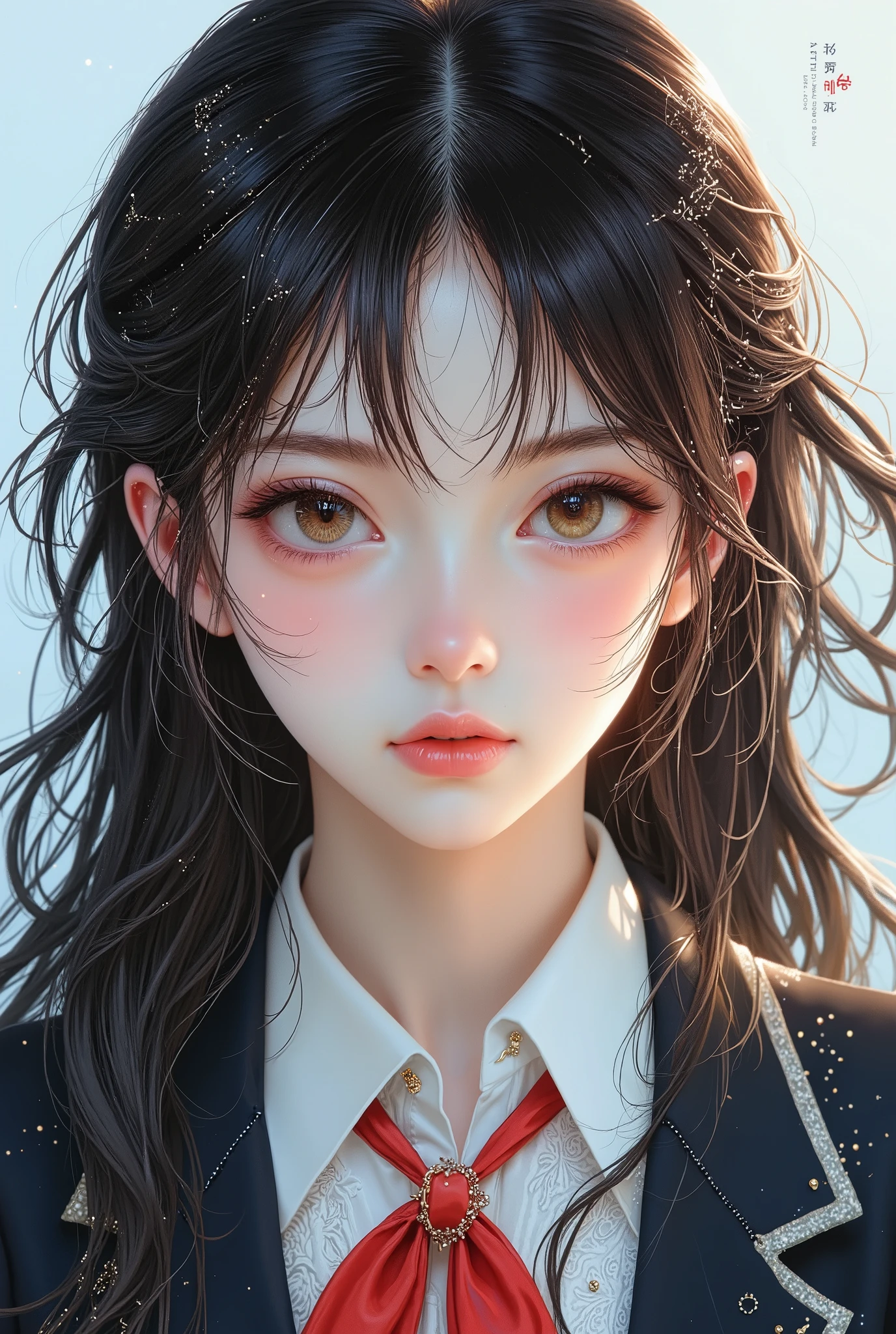 Girl, dark brown hair, brown eyes, sharp features, white skin, pink lips, perfect, wearing a school uniform, clear bright colors .