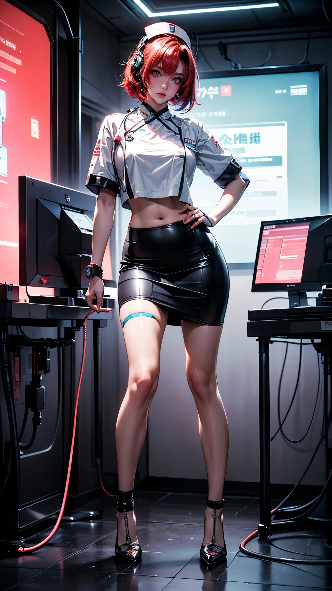 Sensual 24 years old female, futuristic nurse, futuristic cyber mechanical style, beautiful hair, ((red hair, multicolored hair)) sleek short bob , (futuristic cyber medical nurse costume, neo-fabrics costume with intricate mechanical design accents, futuristic iridescent devices ), ((white sexy pencil skirt, beautiful thigh )), BREAK I can see my belly button, ((Wear medical equipment, headset, futuristic design)), Wear mechanical high heels with cool design , ((Place your left hand on your hip, open stance, ((right hand is holding a injection)), perfect anatomy), she has been captured audience attention), ((extremely description, near futuristic hospital, cyberpunk, critical care, medical staffs, glowing neons ,futuristic hospital:1.3)), (((absolutely detailed beautiful face, sexy face, ((extremely detailed, full body)),))),