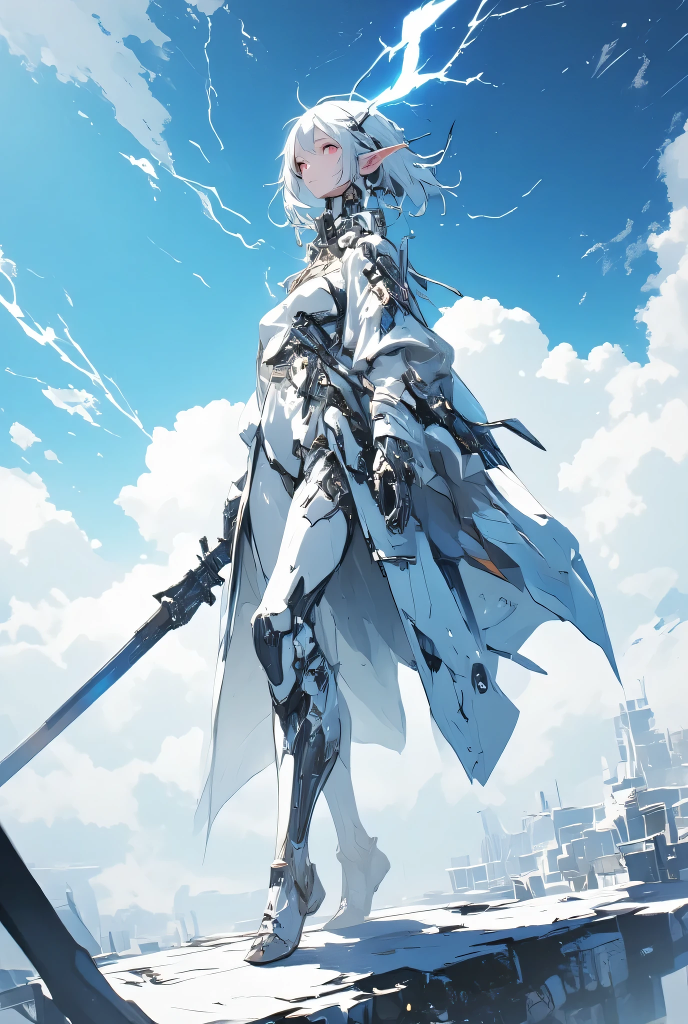 The moment when the sound changes from muted to dynamic, International, The world of science fiction with taut air, Passion, Institute, slender and flexible body, Scientific and cyberpunk worldview, A beautiful android stands holding a sword
Star in the sky misty with fog, Cyberpunk illustration, faintly peeking universe, Beautiful female elf, January Air, The Brilliance of Kynite, Zero, Binary and Line, Binary world of 0s and 1s, The world of the duodecimal system, A female elf with pointy ears and silver-white hair and apple-red eyes, The sword she holds has a lightning bolt that clings to it, Beautiful female elf, Space where electricity is running
