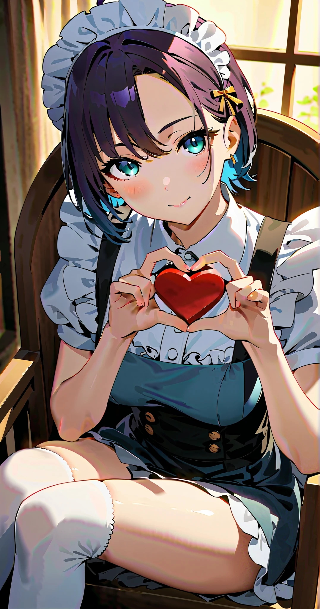 insanely detailed,  
Her portrait is drawn in a with face shot and front view
She is sitting on a chair, 
She is beautiful. 
Holding a heart-shaped chocolate, the heart is wrapped in red paper and decorated with a gold ribbon
Her beautifully proportioned seven-headed figure is slim and curvaceous. 
She has shapely busty and shapely legs. 
silky smooth hair. gradient hair, purple hair, multicolored hair, short hair, suit, two-tone hair, ahoge, short, sleek and casual hairstyle with soft layers, center part, forehead, Parted Bangs, low hair volume, side undercut, shaved sides hair, long Nape, boyish and androgynous charm, calm and introspective young woman, short textured bangs, layered and tousled long nape, asymmetrical bangs, soft side-swept fringe,  


1girl, solo, One girl, 
apron, bow,  dress, Frills, hair ornaments, heart, heart hands, Maid, Maid apron, Maid headdress, Mary Jane, shoes, short dress, alone, Knee socks, white Knee socks, zettai ryouiki, earrings, jewelry,


looking at viewer, 
Smile, slight smile, blush, serene and gentle smile, 
Heart pose with both hands, head tilt, 
cinematic angle, 
sparkle, shiny skin,   Bewitching grace, cute,   (beautiful detailed face and eyes), Pink Lips,
perfect anatomy, Correct generation of 4fingers and 1thumbs and hands and arms, nice hands, perfect hand, 
Her face is captivatingly detailed, with clear skin, and a captivating complexion,  
The image is ultra-detailed with  
soft warm lighting, Best Illumination, cinematic lighting

masterpiece, best quality, 8k,  (HDR, ultra detailed:1.2),  vibrant,  tones, and a clear,   rich colors, deep contrast, vivid tones,  vibrant colors, sharp focus, high-quality look, ethereal and mysterious atmosphere, crisp details, 

aqua eyes, absurdres insanely detailed eyes, beautiful eyes,  exquisite eyelashes, detailed irises, gentle shading,  very aesthetic, highly detailed face, refined body, flawless skin, 
t_asakura, 