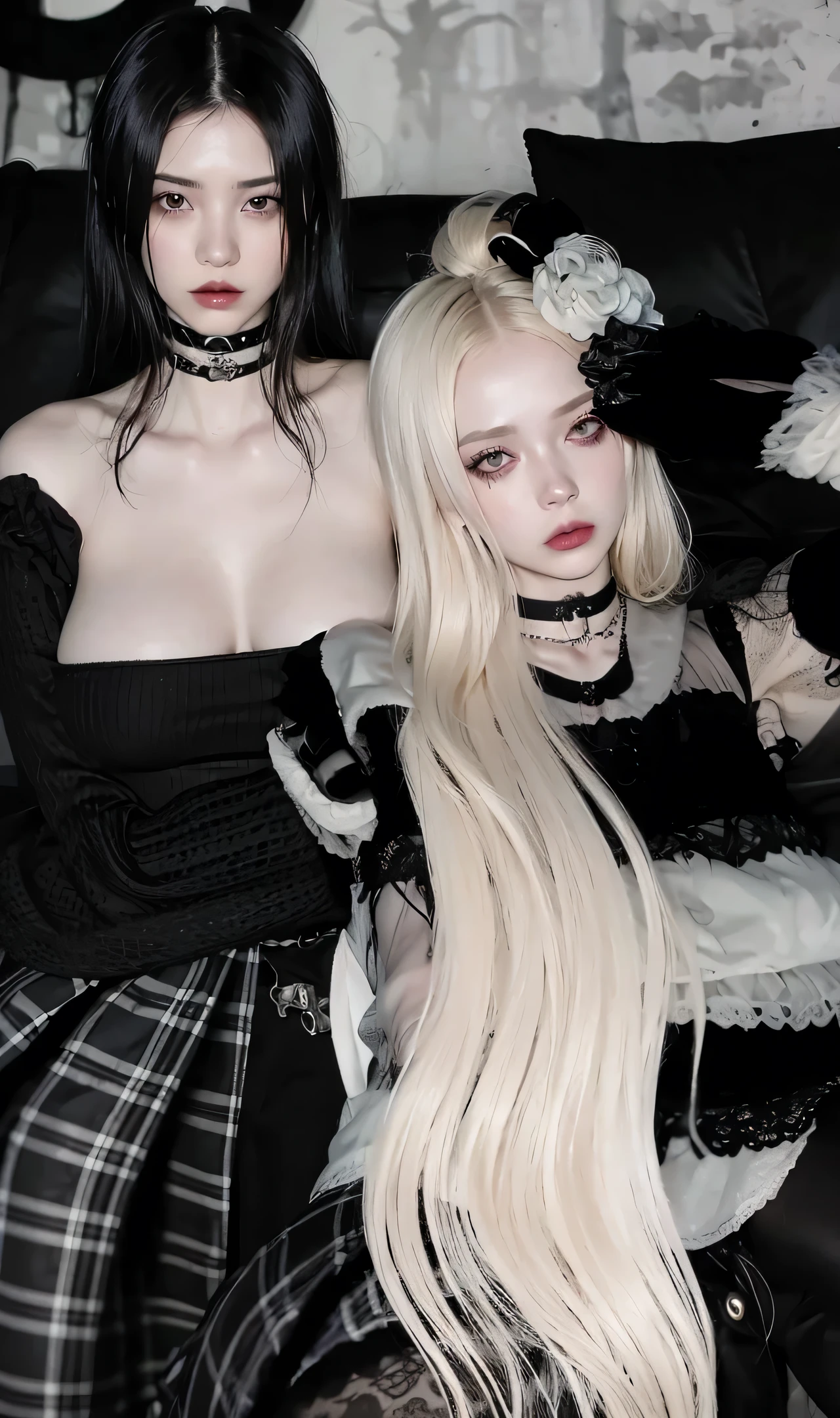 works, best quality, girl, long hair alternative, absurdly long hair, blonde hair, bow hair, aqua eyes, seductive smile, tongue, black eyes, longeyelashes, big breasts, mole on the chest, white shirt, short black skirt, shoes, pendant, hair ribbon, flower ribbon, hair_ribbon, hair_ribbon, hair_flower, (two heads), (2heads:1.5), woman with two heads, conjoined twins