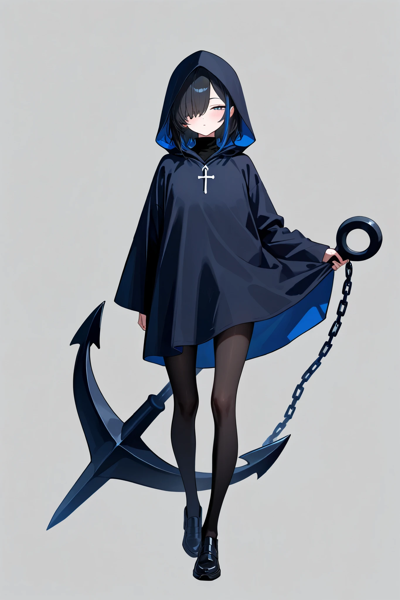 1girl, simple background, skinny,
black hair, navy eyes, medium hair, hair over one eye, navy long hooded robe, calmed face, blue streaked hair, half-closed eyes, black turtleneck, slit pupils, black pantyhose, held giant anchor,
front view, looking at viewer, full body,
masterpiece, best quality, amazing quality, very aesthetic, absurdres, newest