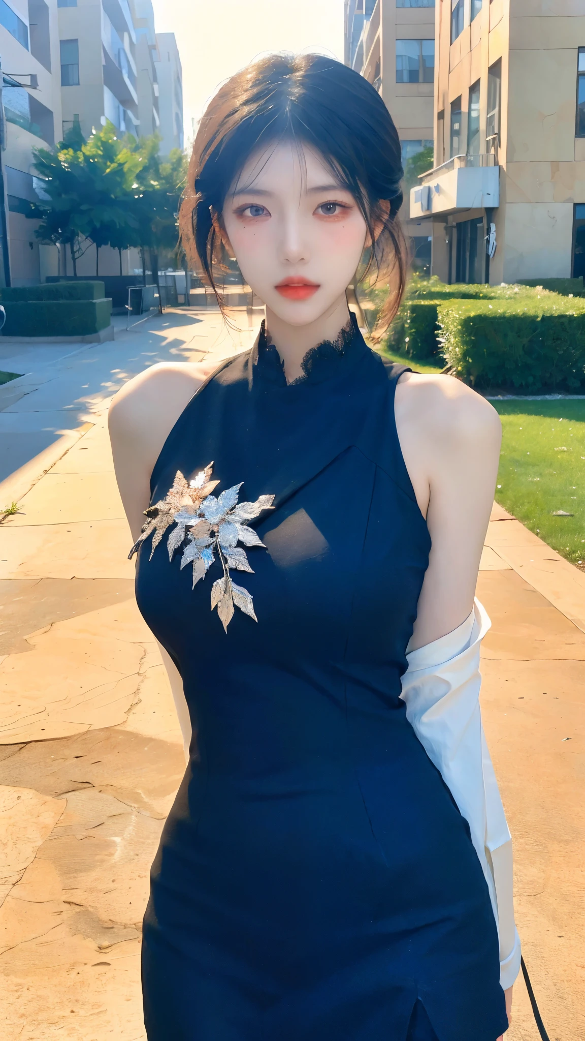 there is an ancient palace next to the girl，An extremely delicate and beautiful girl，realisticlying，unbelievable Ridiculous，abstract artistic，From hips to shoulders，Catch，Extremely detailed body，woman，年轻，20yr old，Short black Hong Kong style hair，，Floating hair，Light brown hair，two tone color hair，Beautiful fine hair，exquisite and beautiful face，light  smile，Clear  eyes，parted_Lips， Black colored eyes，Neck_ribbon，frilld_dress，Noble cheongsam，beautiful and clear background，beautiful sky，full bloom，very precise detail，absurderes，extremely CG，