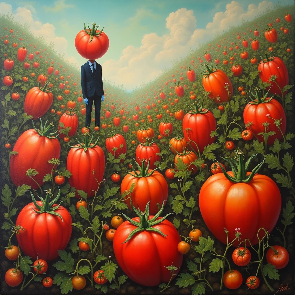 surreal and abstract painting of a magical tomato farm with a strange variety of giant tomato plants in all shapes forms and colors, a strange tall man with a tomato head is seen in the background, classic art, dreamy, surreal, photorealistic, magical, esoteric, occult, symbolism
