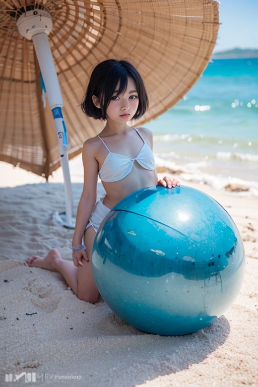 Kneeling on the beach and stirring up a  in a bikini