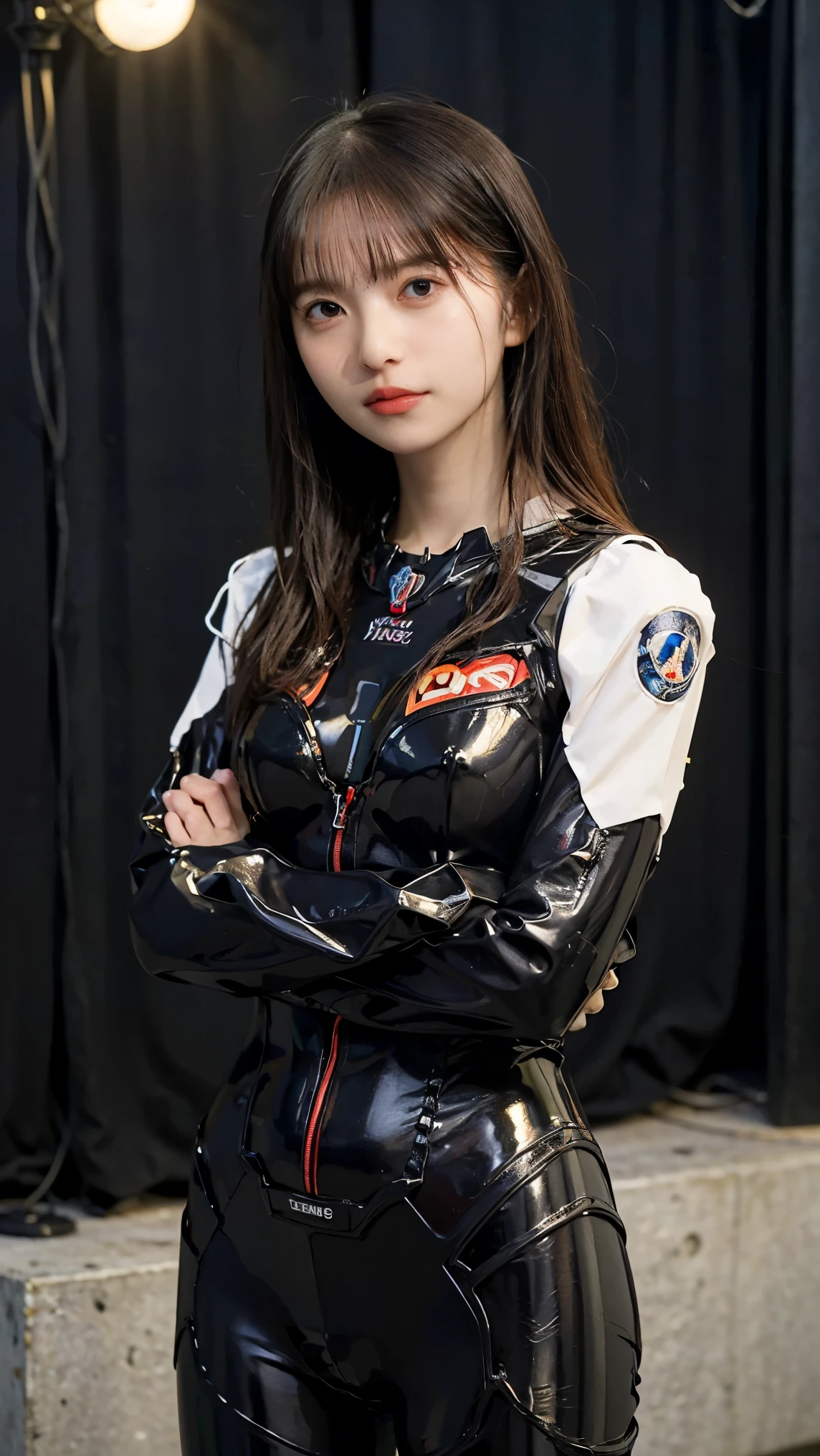 (a closeup:1.4)、(RAW Photography:1.2)、(Photorealsitic:1.4)、(​masterpiece:1.3)、(top-quality:1.4)、(Beautiful woman with perfect body:1.4)、Woman standing in front of a group of robots、beautiful android woman、Beautiful Female Soldier、girl in suit、complex combat uniform、beautiful young Japanese woman、Highly detailed facial and skin texture、Detailed big eyes、double eyelid、cute  face、(Short Bob:1.2)、(huge-breasted)、(FULL BODYSHOT)、cowboy  shot、(angry expressions:1.2)、Storms and epic war scenes、cyberpunk scene、Night、illuminations、plugsuit、combat uniform damage、