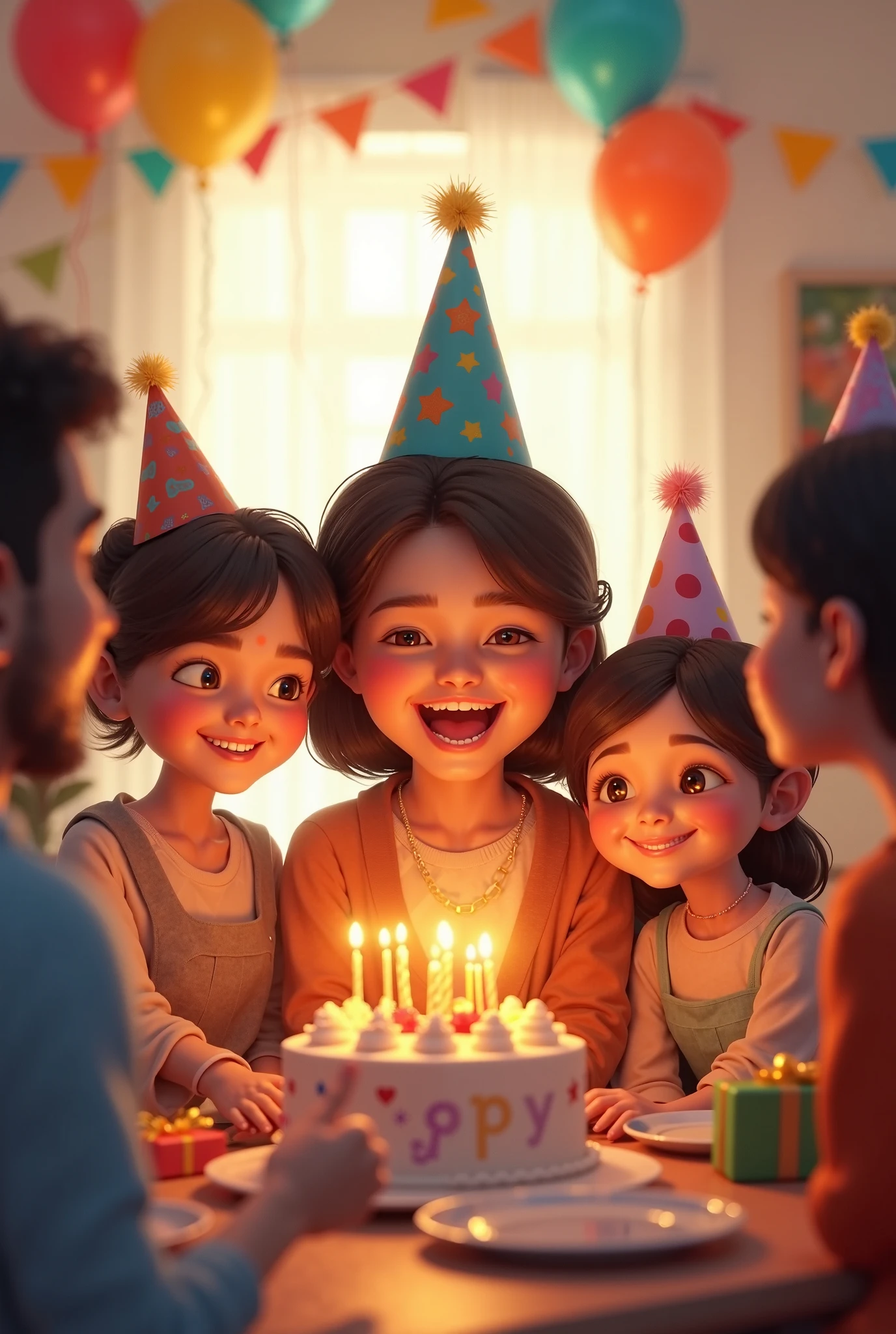 girl birthday party with lots of guest and gifts . With A big cake a real image not cartoon or animes