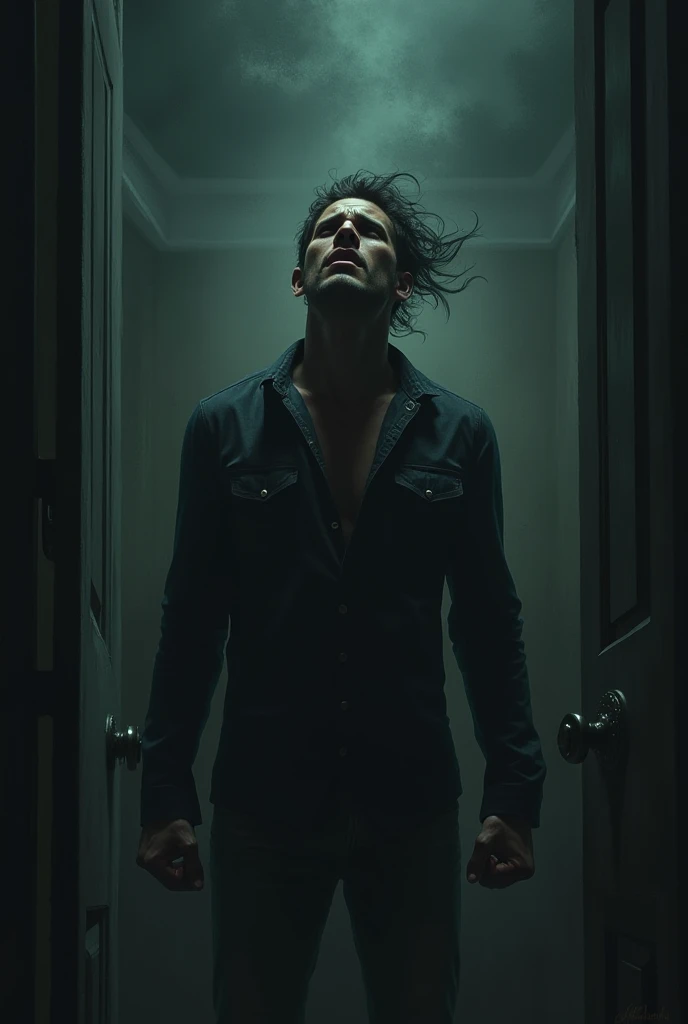Image of a human figure trapped inside a dark and oppressive room, with walls that seem to slowly close in. The figure shows an expression of anguish and despair, while abstract and distorted shadows are projected around, creating an atmosphere of paranoia.
With the following color palette:
dark gray (#2E2E2E): A tone that symbolizes oppression and emotional weight, creating a shadowy base.

Dull red (#8B0000): This shade of red evokes danger, anxiety and tension, but it is more subdued so as not to be overwhelming.

Dark Olive Green (#556B2F): An earthy, muted green that conveys a sense of decay and disturbing nature..

Desaturated Brown (#3B2F2F): A dark brown that represents decay and the unnatural., reinforcing the feeling of uneasiness.

Blue-gray (#4682B4): A cold blue that suggests loneliness and sadness, contributing to an atmosphere of desolation.

Dark purple (#4B0082): A tone that adds a layer of mystery and fear, intensifying the feeling of discomfort.
