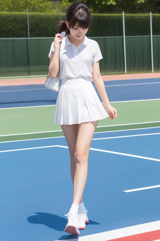 Flat Chest、White panties、White Skirt、tennis uniform、Tennis court、Japanese、Black Hair、beautiful１２Year old girl、dancing、Leg spread　smile　Beautiful woman　　Detailed skin texture　Very short hair　細部までbeautiful顔

