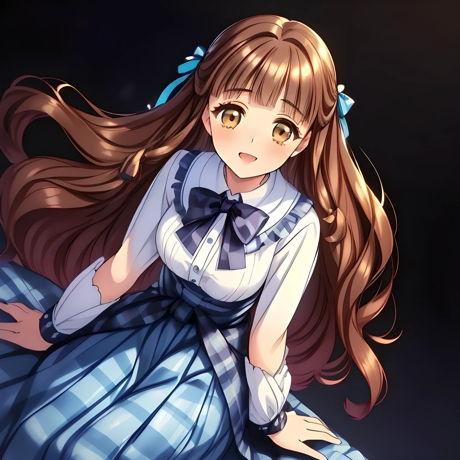 (highest quality, masterpiece:1.2), highest quality, High resolution, 1080p, 8K, solo, (A 18yo beautiful pretty fashion model is seated on a char nobly and turning to me, charming laughter, most beloved girl in the school, (intelligent and perfectly balanced slender style), too flirting girly smile, amazingly neat & clean, in peace and neat lovely strong charm, (face up, looking down), tilted head: 1.8), (Too noble beautiful lady like a love-story comic heroine), (laugh in bliss), (Whispering the viewer's subliminal desire secretly to hypnotize the viewer), A very lovely, very noble, pretty and pure beautiful girls. ((Bursting out Laughing very elegantly)), ((white grown face)), Using expensive whitening cosmetics by cosmetics artist: 1.2), A white face that everyone loves, Glossy lips, (curled) bangs, (Too beautiful blue fascinating shiny (double-lidded) (brown eyes) with love to the viewer, ((deep upper girly eyelid)), laughing with detailed clearly: 1.5), ((amazingly beautiful straight (slightly wavy) long black light hair: 1.5)), (Sailor-style school uniform, (Neat smart (yellow blouse))): 1.5), (A very neat, (tartan-checkered pleated blue skirt with thin fabric belt): 1.2), (too pretty shiny light-yellow realistic school ribbon): 1.5), (Shiny game heroine lips, extremely laughing open mouth: 1.0), (Ribbon in (black hair), long thin braids, The ribbon is big and very pretty), (Tight waist, slender like a beautiful fashion model: 1.5), (The background is (plain black space with lovely heart stars) to emphasize her fascination: 1.8), (The lady knows well about the viewer's super fetishism for school uniforms, and satisfies it completely: 1.7), (beautiful neat fascinating cute noble atmosphere in a high school only for beautiful ladies to learn how to be charming: 1.8), (one girl, take a full body shot from her side: 1.2)