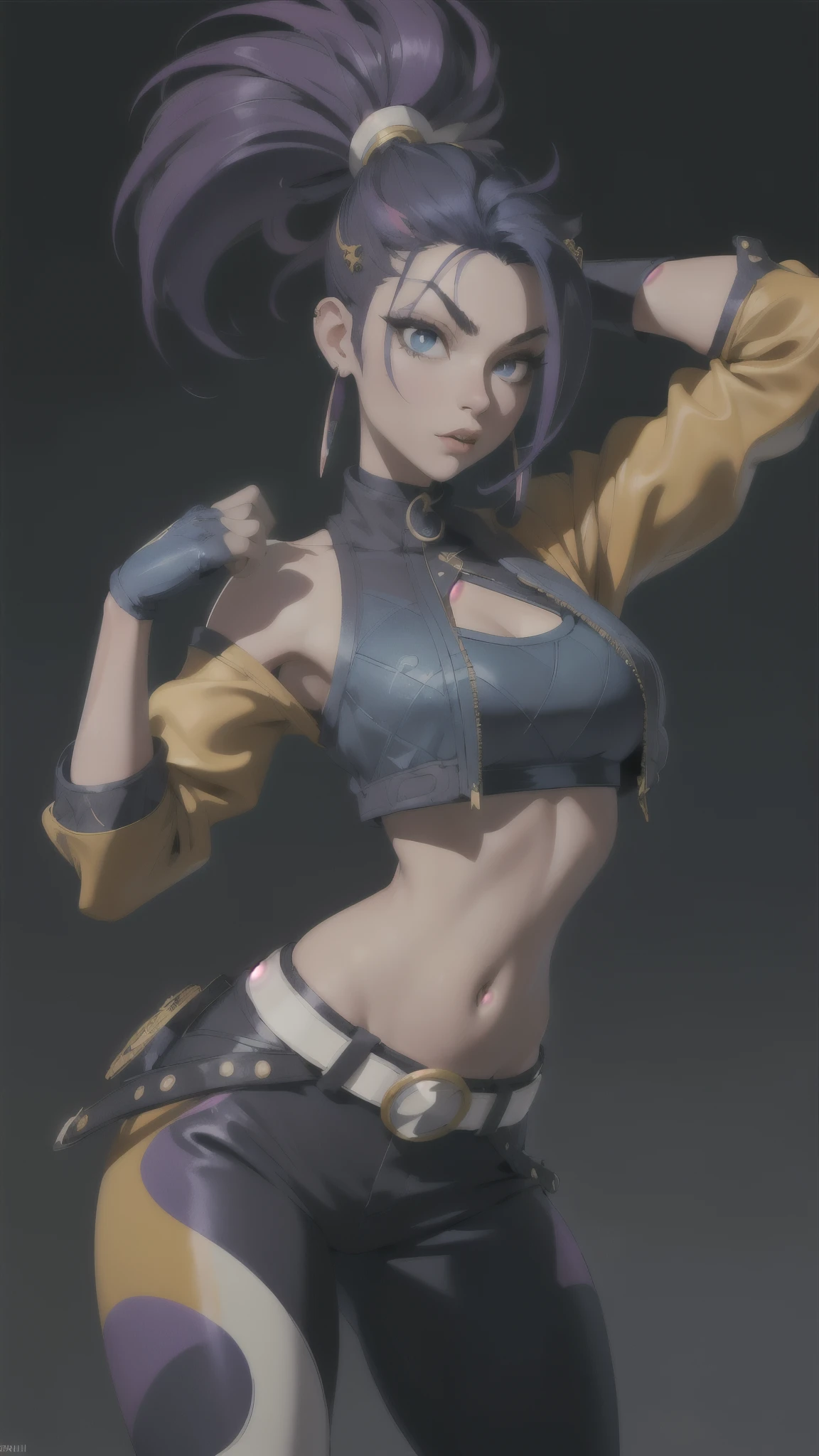 best quality,masterpiece,8potassium wallpaper,absurd, high resolution, Super detailed, (1 beautiful young girl, Solitary:1.1),potassium/and (League of Legends),(Spotassiumull Maspotassium:1.3), Sharp eyes,navel,fingerless gloves, cropped jacpotassiumet,jacpotassiumet, Colorful hair, samurai ponytail (foreign word)belt, earrings, Blonde hair, crop top, diaphragm, apotassiumali, mapotassiumeup,purple hair, open jacpotassiumet,Two-tone hair, Open your clothes, blue eyes, Lips, triangle earrings, belt bucpotassiumle, blacpotassium hair, breast, blacpotassium pants, hoop earrings, permanent, Blue gloves, Blue Hair, zipper,rest