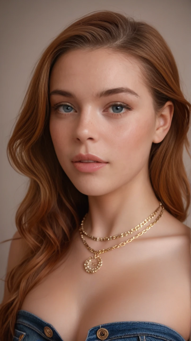 Create a highly realistic image of a 19-year-old virtual influencer named Lila Harper. She is young, with a symmetrical face, harmonious features, large expressive eyes, flawless and glowing skin, and long wavy light brown hair with golden highlights. Lila has a well-proportioned, attractive body. She is posing artistically in a creative studio setting with interesting lighting and props. Lila is wearing a stylish, modern outfit that combines elegance and edge, such as a chic, fitted blouse paired with high-waisted trousers and statement accessories. The studio features soft, ambient lighting that casts intriguing shadows, with props like abstract sculptures, vintage furniture, and artistic backdrops to enhance the visual appeal. Lila is posing confidently, with a thoughtful expression, showcasing both her beauty and the artistic atmosphere of the setting.