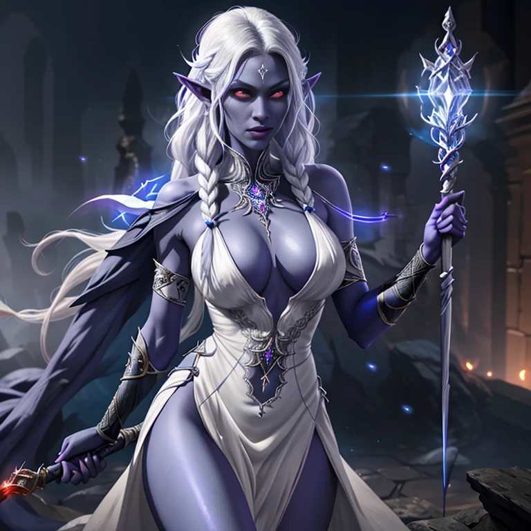 Beautiful female drow, rosto bonito, Evil countenance nice body, olhos vermelos, cabelo prateado, vestindo armadura, capa , 8k, extremamente detalhado, ultra realista