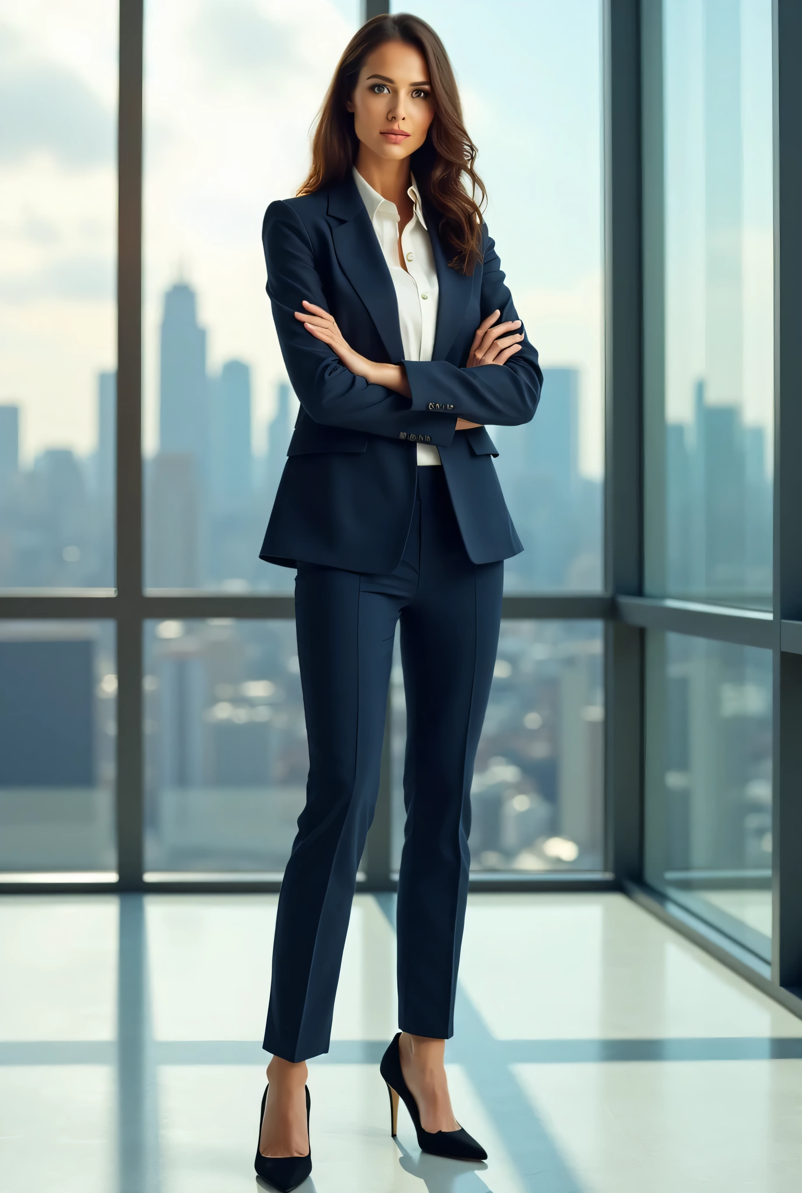 best qualtiy, Full body like，Refined face，pretty  face，25 years old woman，slimfigure，Larger bust，office lady uniform，office uniform，black lence stockings，black heels，Outdoor Scene，Stand up wetting her clothes(peeing self,urination:1.4)necktie(wetting herself:1.5), (desperation:1.75),(arms crossed:1.5)