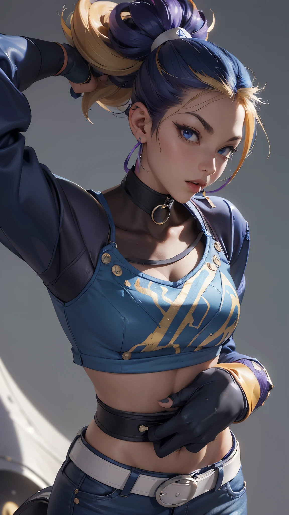best quality,masterpiece,8potassium wallpaper,absurd, high resolution, Super detailed, (1 beautiful young girl, Solitary:1.1),potassium/and (League of Legends),(Spotassiumull Maspotassium:1.3),  Sharp eyes,navel,fingerless gloves, cropped jacpotassiumet,jacpotassiumet, Colorful hair, samurai ponytail (foreign word)belt, earrings, Blonde hair, crop top, diaphragm, apotassiumali, mapotassiumeup,purple hair, open jacpotassiumet,Two-tone hair, Open your clothes, blue eyes, Lips, triangle earrings, belt bucpotassiumle, blacpotassium hair, breast, blacpotassium pants, hoop earrings, permanent, Blue gloves, Blue Hair, zipper,rest