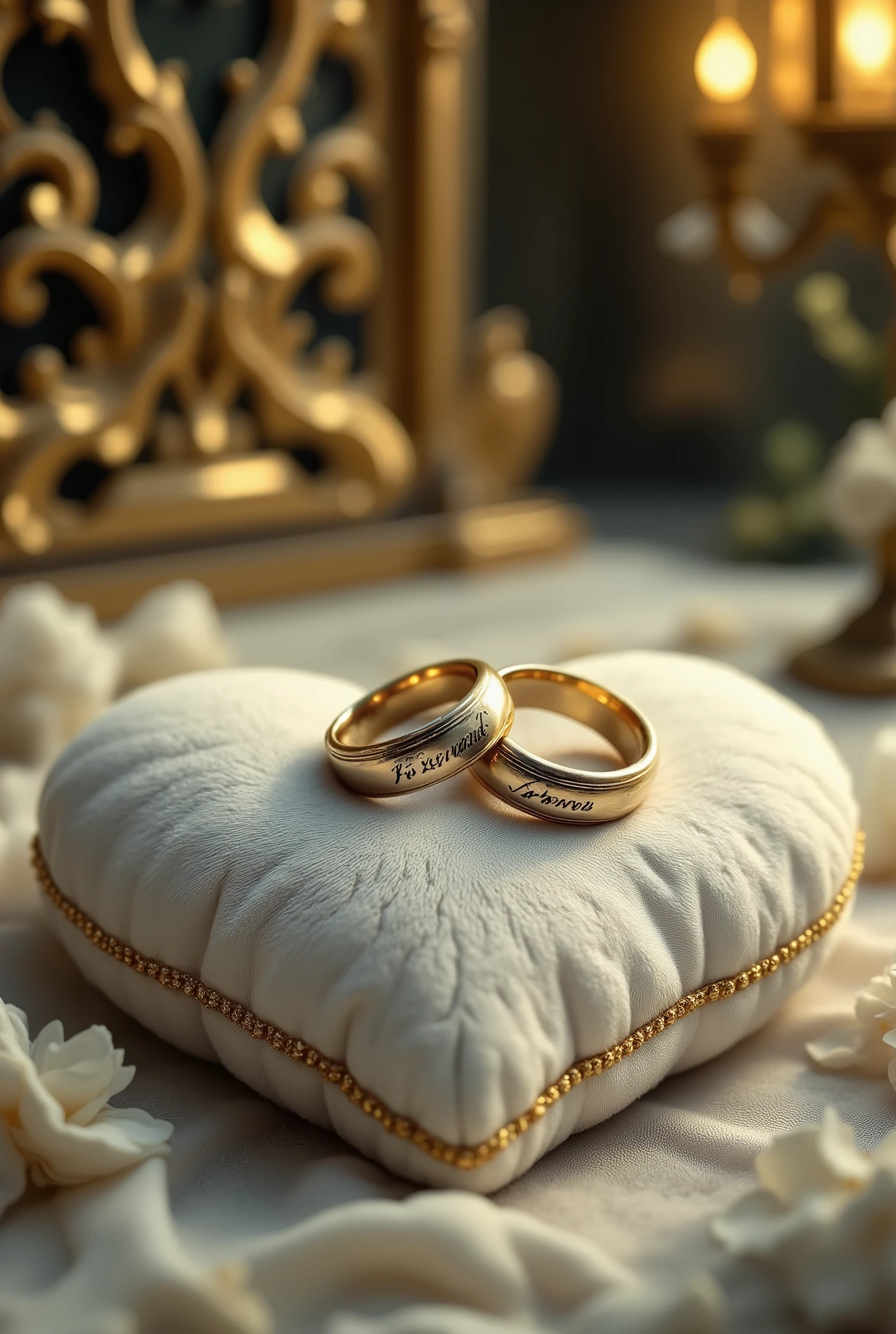 Beautiful two wedding rings engraved on and text "Love forever" Very Beautiful и детально, lie on a heart-shaped pillow , Very Beautiful , Close, background altar with gold patterns , Masterpiece , 8 k, best quality , complicated details, maximum number of details , Exactly, high quality ,