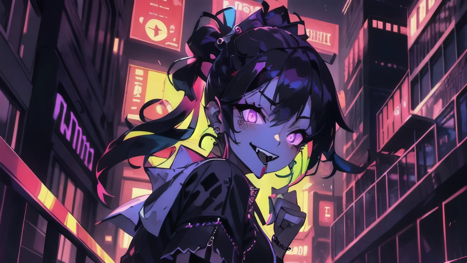 (Two Braided twintails, black hair, pink eyes:1.3), masterpiece,1girl, solo, (masterpiece, best quality, colorful), volumetric light, backlighting, best shadows, (1girl:1.1), from below, leaning forward, looking at the viewer, BREAK, (thick eyebrows:1.1), (eyeliner:1.3), (crazy eyes:1.3), maniac, chaotic, open mouth, tongue, wide grin, (crazy grin:1.3), (sharp teeth:1.2), (yandere:1.3), BREAK, (black goth bikini), cleavage, gothic, choker, earrings, BREAK, (madness, insane:1.2), loosing mind, night, fading lights, mist, city, darkness,