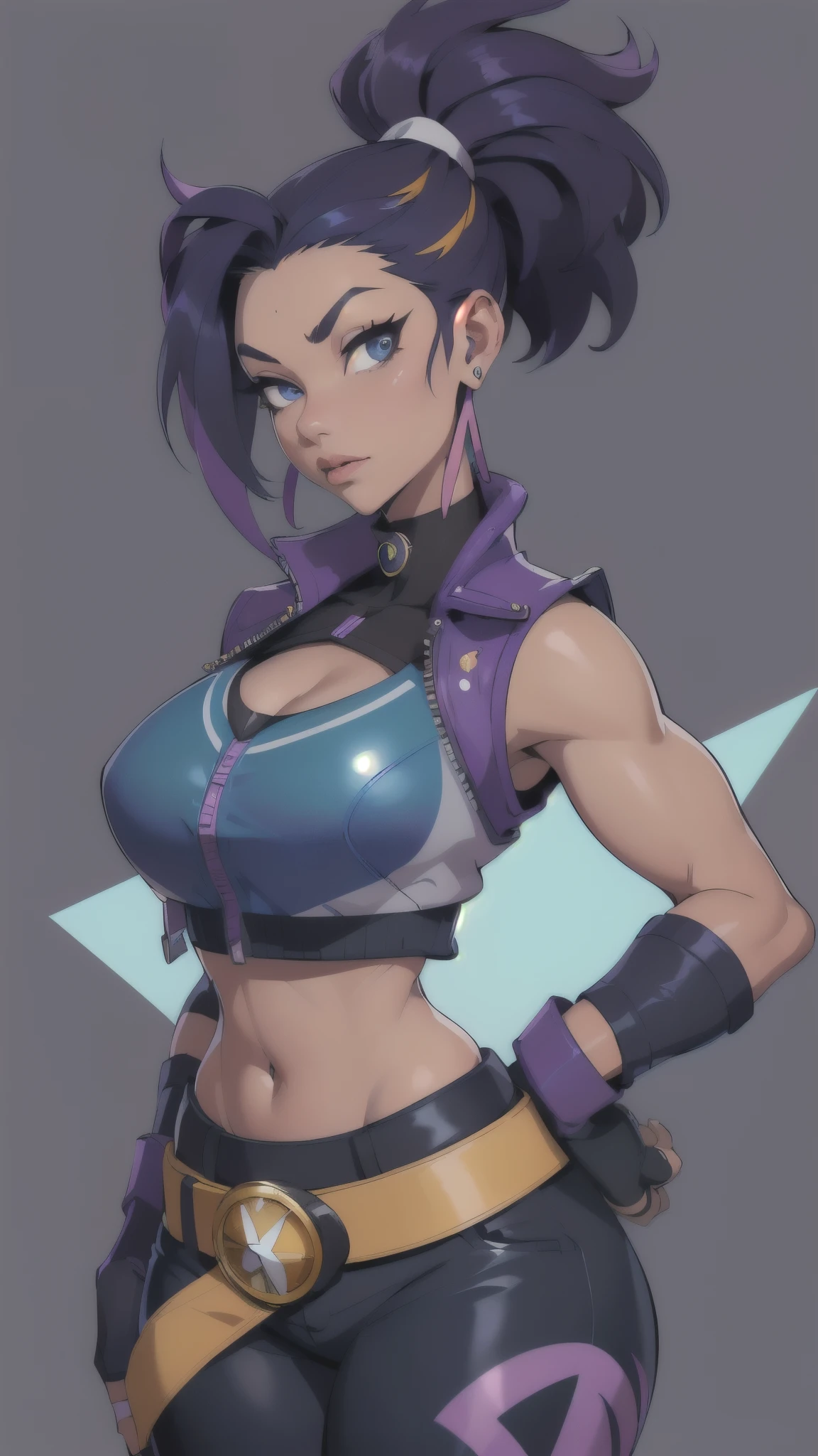 [nudity, explicit] cyber punk, crop top, fit, multi colored hair, short hair, tattoo, very detailed, intricate and delicate