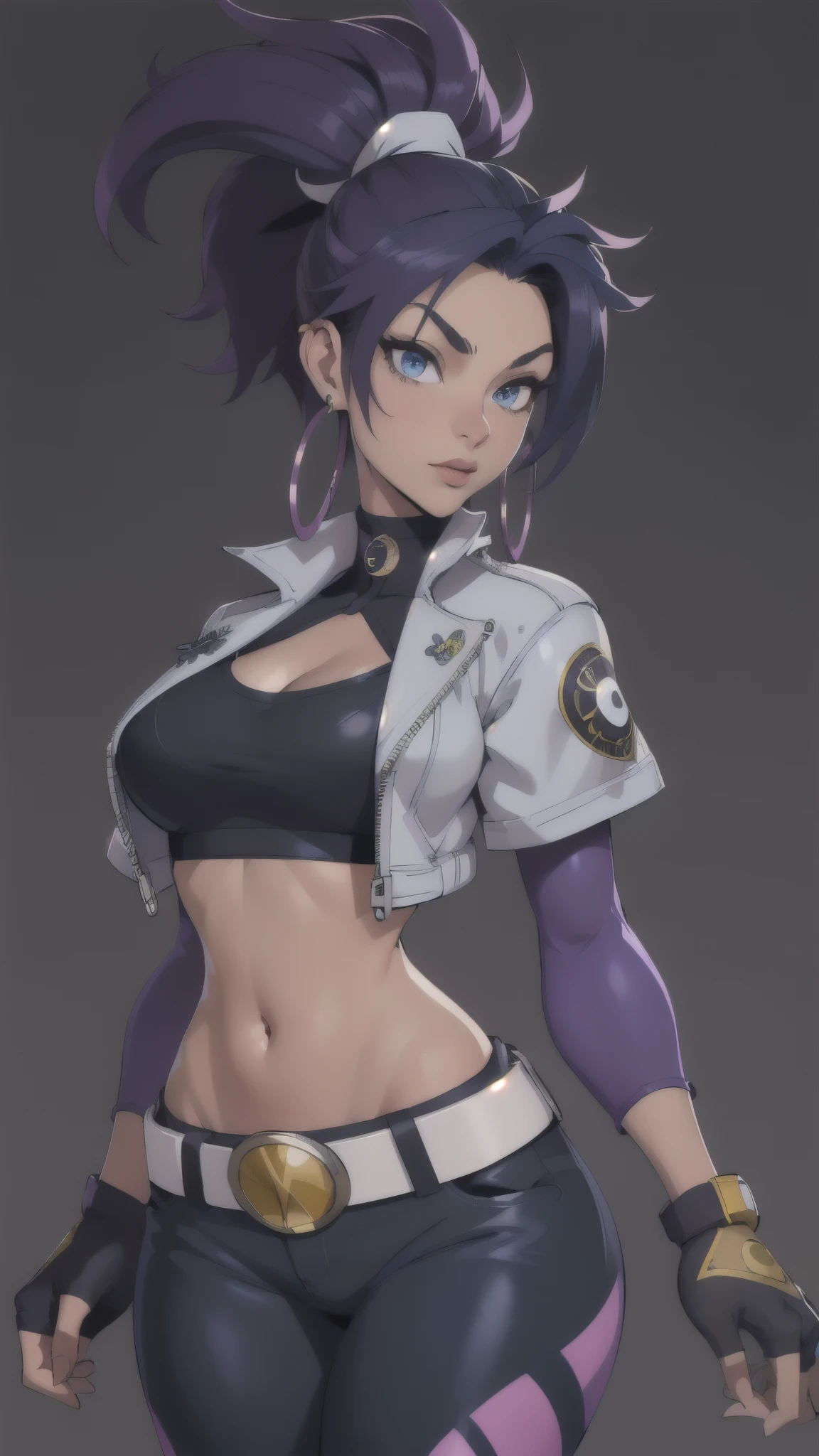 best quality,masterpiece,8potassium wallpaper,absurd, high resolution, Super detailed, (1 beautiful young girl, Solitary:1.1),potassium/and (League of Legends),(Spotassiumull Maspotassium:1.3), Sharp eyes,navel,fingerless gloves, cropped jacpotassiumet,jacpotassiumet, Colorful hair, samurai ponytail (foreign word)belt, earrings, Blonde hair, crop top, diaphragm, apotassiumali, mapotassiumeup,purple hair, open jacpotassiumet,Two-tone hair, Open your clothes, blue eyes, Lips, triangle earrings, belt bucpotassiumle, blacpotassium hair, breast, blacpotassium pants, hoop earrings, permanent, Blue gloves, Blue Hair, zipper,rest