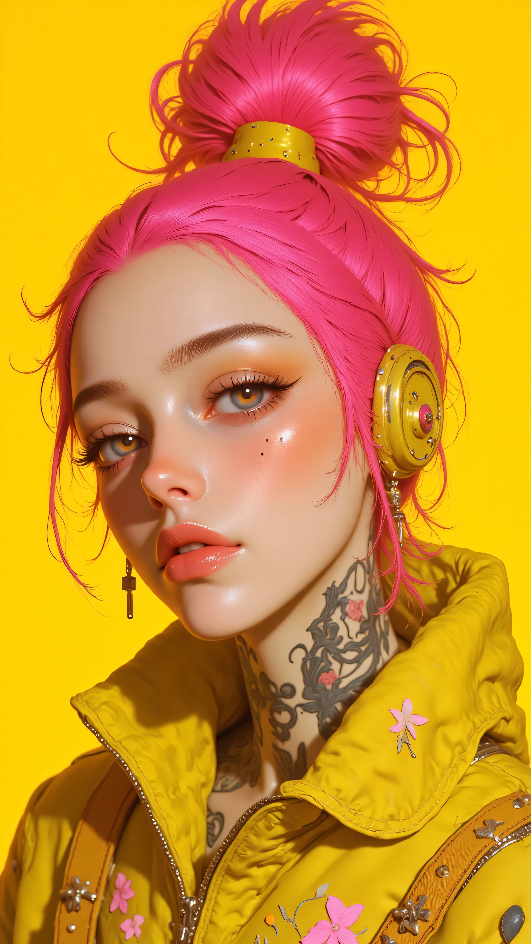 8k, masterpiece, highest quality, Korea's Beautiful Women, Close-up, vibrant pink hair, messy bun hairstyle, golden yellow headphones, yellow background, yellow vest, visible tattoos, subtle makeup, soft lighting, portrait, digital art style, hyper-realistic, high detail, vivid colors,