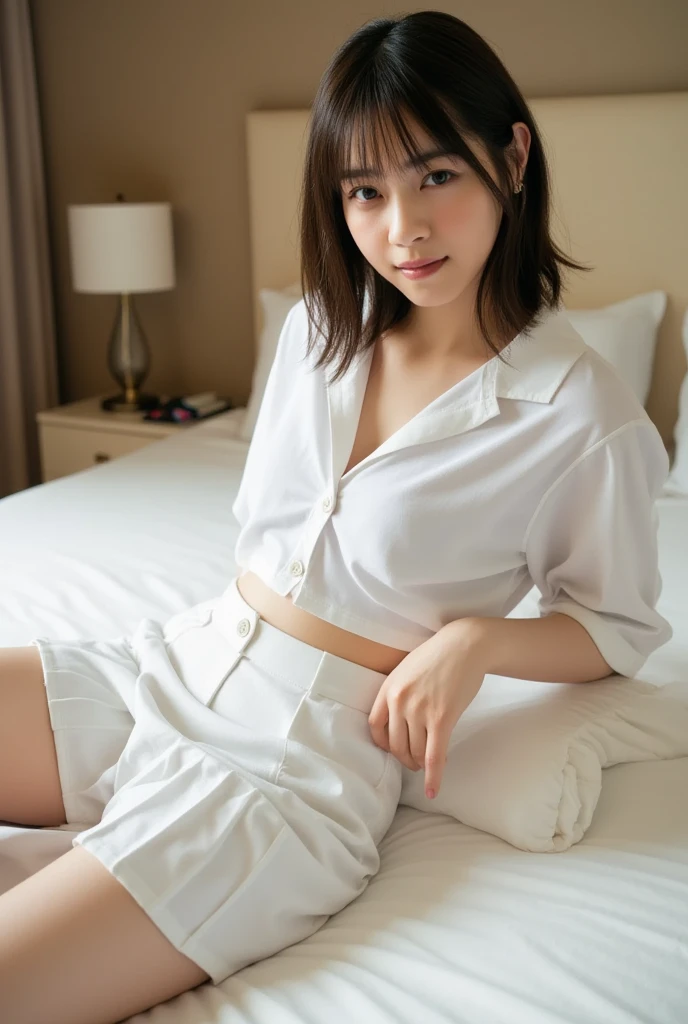 ((highest quality, 8k, masterpiece: 1.3, RAW photo)), sharp focus: 1.2, (alone), (1 Aespa Girl: 1.2), (realistic, realistic: 1.37), (face focus: 1.1), cute face, small breasts, flat chest, messy short hair, up style, nude, (Button-down white shirt, chiffon panties, thigh: 1.2), Are standing, hotel room under the light of the lamp, cinematic lighting,