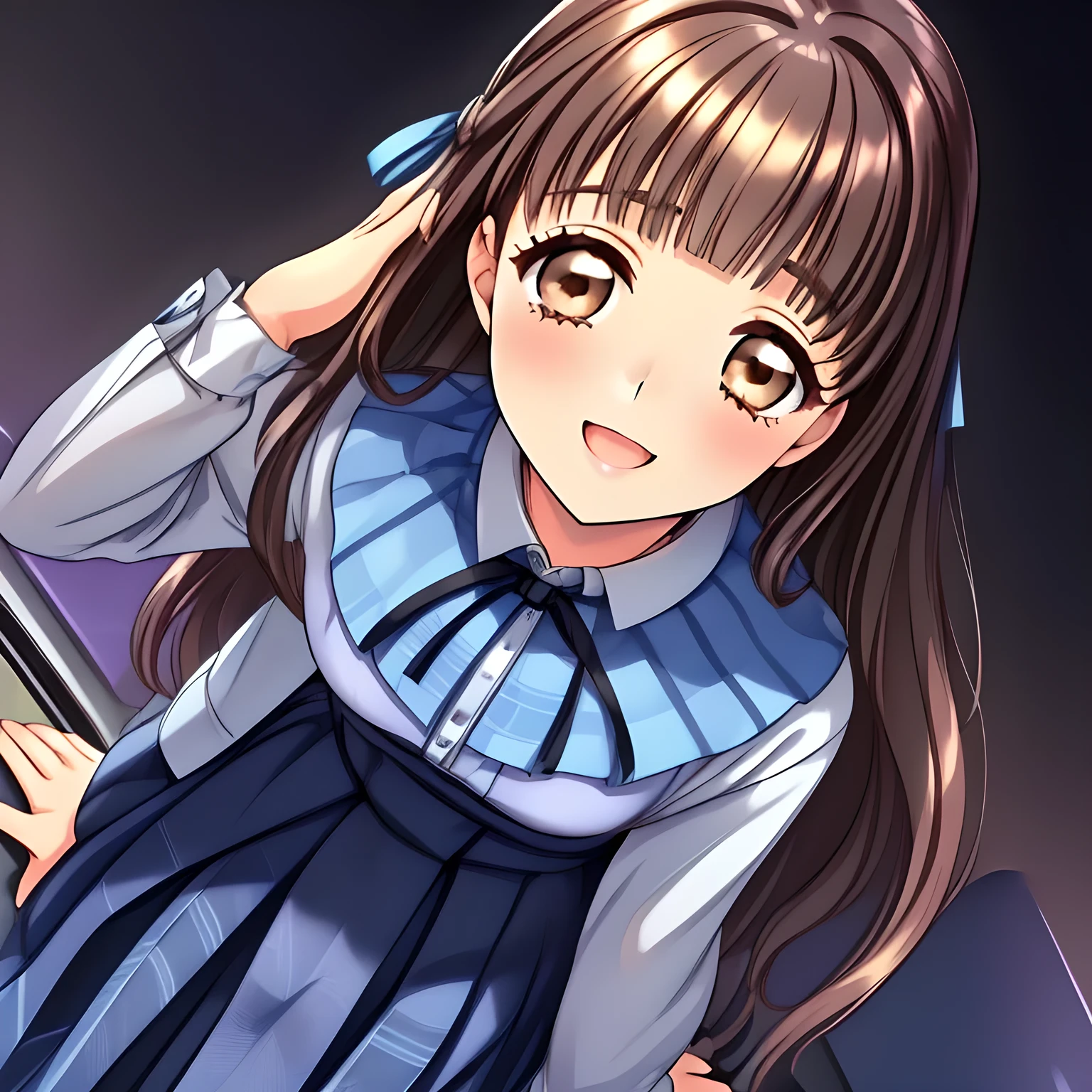 (highest quality, masterpiece:1.2), highest quality, High resolution, 1080p, 8K, solo, (A 18yo beautiful pretty fashion model is seated on a char nobly and turning to me, charming laughter, most beloved girl in the school, (intelligent and perfectly balanced slender style), too flirting girly smile, amazingly neat & clean, in peace and neat lovely strong charm, (face up, looking down), tilted head: 1.8), (Too noble beautiful lady like a love-story comic heroine), (laugh in bliss), (Whispering the viewer's subliminal desire secretly to hypnotize the viewer), A very lovely, very noble, pretty and pure beautiful girls. ((Bursting out Laughing very elegantly)), ((white grown face)), Using expensive whitening cosmetics by cosmetics artist: 1.2), A white face that everyone loves, Glossy lips, (curled) bangs, (Too beautiful blue fascinating shiny (double-lidded) (brown eyes) with love to the viewer, ((deep upper girly eyelid)), laughing with detailed clearly: 1.5), ((amazingly beautiful straight (slightly wavy) long black light hair: 1.5)), (Sailor-style school uniform, (Neat smart (yellow blouse))): 1.8), (A very neat, (tartan-checkered pleated blue skirt with thin fabric belt): 1.2), (too pretty shiny light-yellow realistic school ribbon): 1.5), (Shiny game heroine lips, extremely laughing open mouth: 1.0), (Ribbon in (black hair), long thin braids, The ribbon is big and very pretty), (Tight waist, slender like a beautiful fashion model: 1.5), (The background is (plain black space with lovely heart stars) to emphasize her fascination: 1.8), (The lady knows well about the viewer's super fetishism for school uniforms, and satisfies it completely in the viewer's lewd dream: 1.7), (beautiful neat fascinating cute noble atmosphere in a high school only for beautiful ladies to learn how to be charming: 1.8), (one girl, take a full body shot from her side: 1.2)