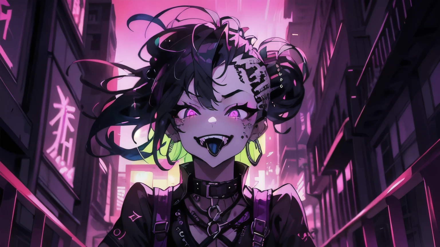 ( ultra detailed ), ( masterpiece), ( best quality ), ( depth of field ), ( sharp focus), ( cinematic light ), (  vivid colors ),    1 girl,  crazy smile , colmillos , Tongue out,  bright eyes, Gothic style, dunkles Make-up, cyberpunk , ,  black-haired  ,  with purple hairline on the head,  stay on the balcony ,  cuberpunk city , tired look,  in skirt and shirt , night,  neon lights on the city , Foged city ,  Katana in hands  ,  neon Katana ,  glittering face ,  glittering katana , Silver piercings , Psychopath,