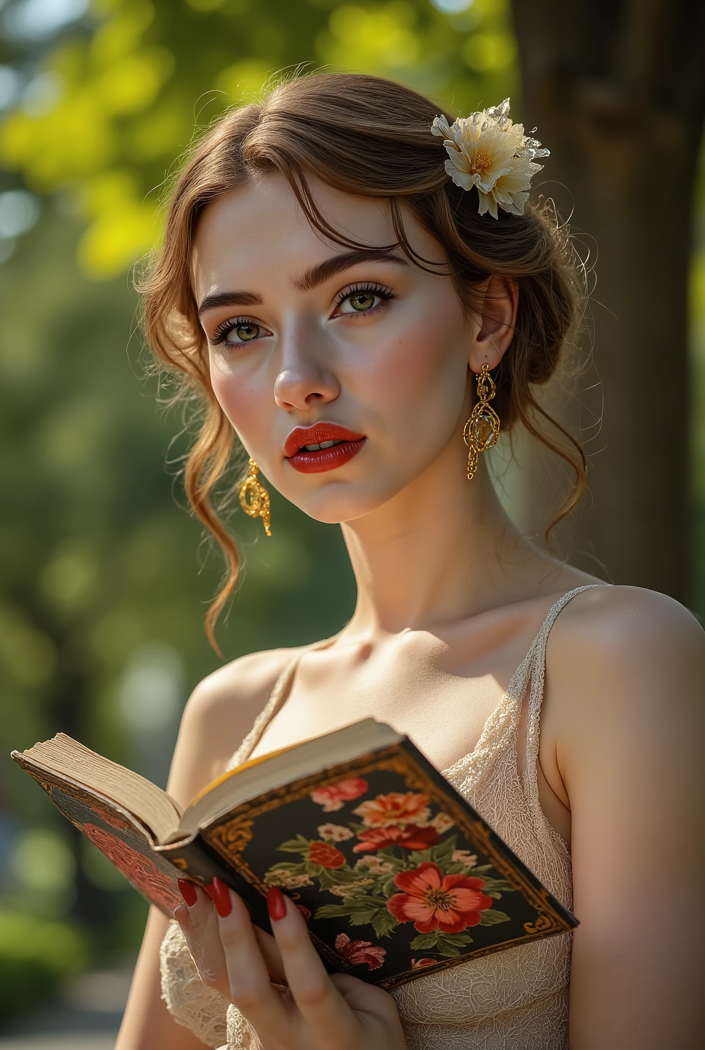 Realistic ((Photorealistic realism)), Hyper high resolution, ((Hyper insanel quality, epice masterciece, intricately detailed digital art)),((focus on extremely Realistic Proportion Body:1.3),"Portrait of {a woman, wearing a dress, sits on a park bench, reading a book}."side view, 
 (ultra realistic texture details: velvety skin, hair), ((sharp focus, no blurry eyes, Hyper absurd quality, Hyper details, Hyper realistic brown_eyes:1.4)),((extra narrow eyebrows)),(Carefully draw Long blue_mascara:1.12),(perfect round eyes), (finely detailed pupils, (extremely fine details pupils)), detailed lips:1.3, (apply glossy red_lipstick:1.23), (perfect proportions:1.2), ((White tight Dress made of lace fishnet:1.22), (Dolce & Gabbana, Floral style:1.23)), (elegant fashion, intricate details:1.2), ((clothes made of silk and flower), (Wearing tight fitting dresses)), ((Ruffled Black Gothic Skirt) (Intricately details multi-layer, lace with fishnets:1.25), (golden lace-up:1.33)), dslr, high quality split lighting, sharp focus captured by Fujifilm XT3, f 5.6,(perfect composition),((look at the viewer)), HDR, UHD, studio lighting, physically-based rendering, vivid colors,
