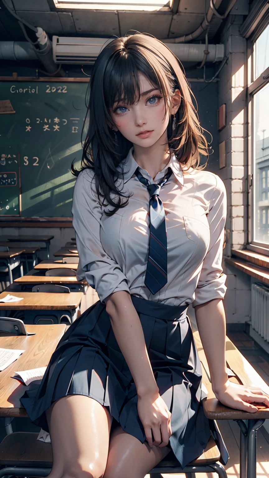 teen emma watson as a sexy schoolgirl sitting on a fence. tight intricate school uniform. slender body. classroom. day. background blackboard. pleated skirt.