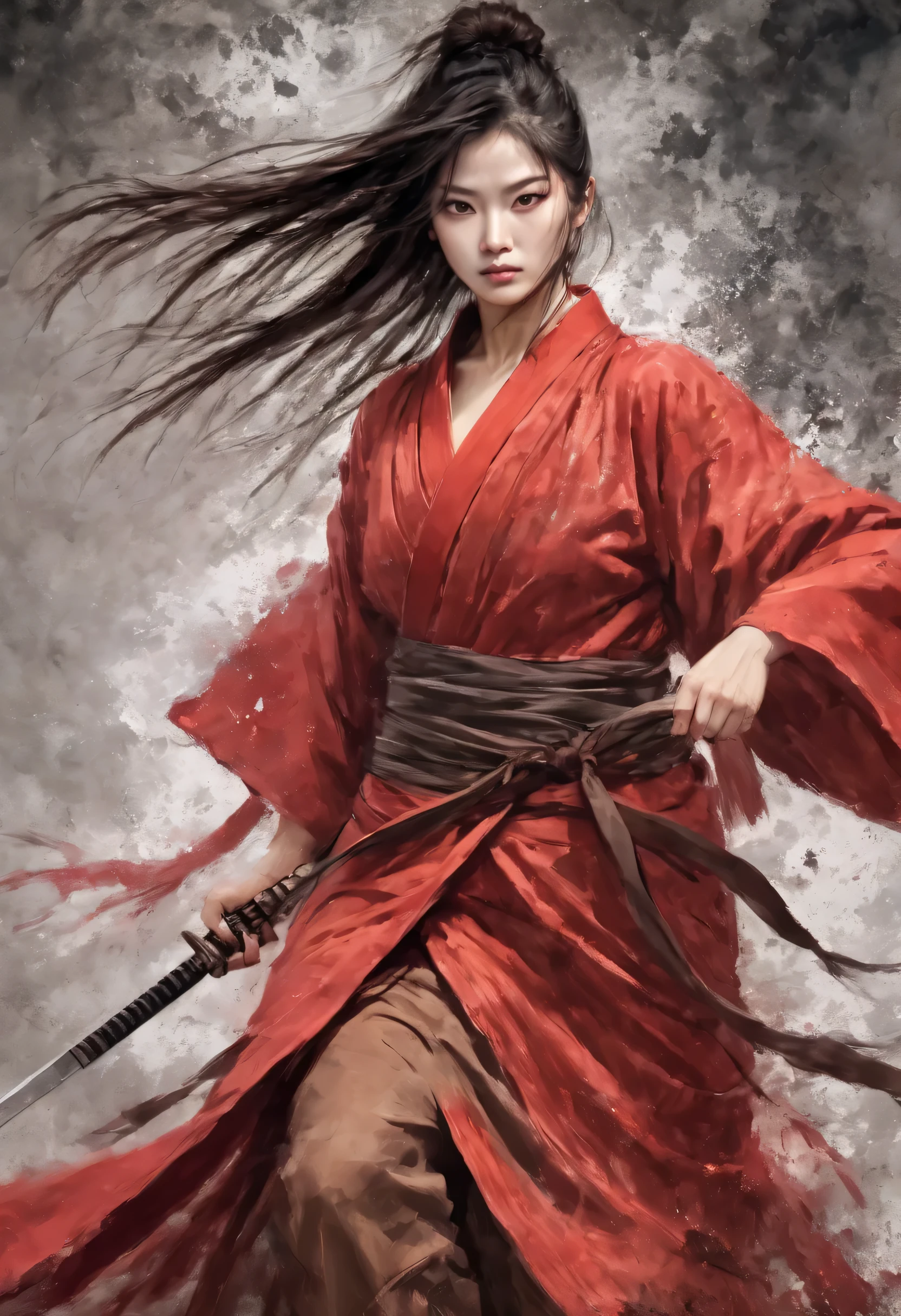 dynamic action shot, a Beautiful Asian woman, she is in red samurai armor mix with a yukata and without weapon, she is tall and grave, with red cords as a ribbon in her hair around a high ponytail and lines around her eyes, realistic, sharp skin, wielding a katana, dynamic pose, wide hips, long legs, charismatic, forgery with a forge and molten metal in the background, strong wind,