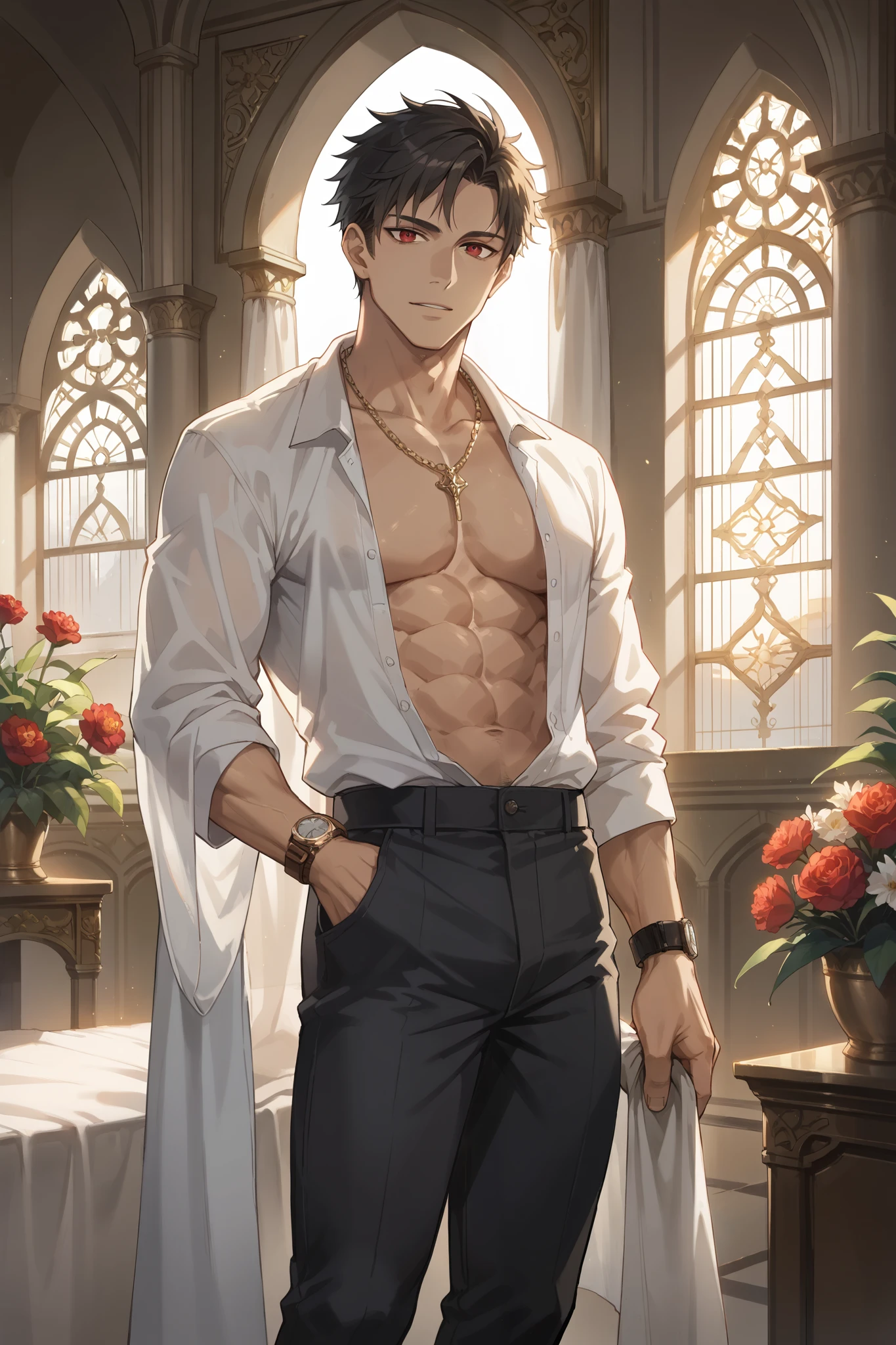 score_9, score_8_up, score_7_up, 1boy, solo, arabic, red eyes, dark grey short haircut, muscular, white open shirt,  black pants, necklace, wrist watch, standing, seductive pose, inside a palace, luxury Arabic palace, fire torches, night, starry, open window, curtains, holding a packet of flowers with both hands, happy smiles, dramatic lighting, cinematic shot.