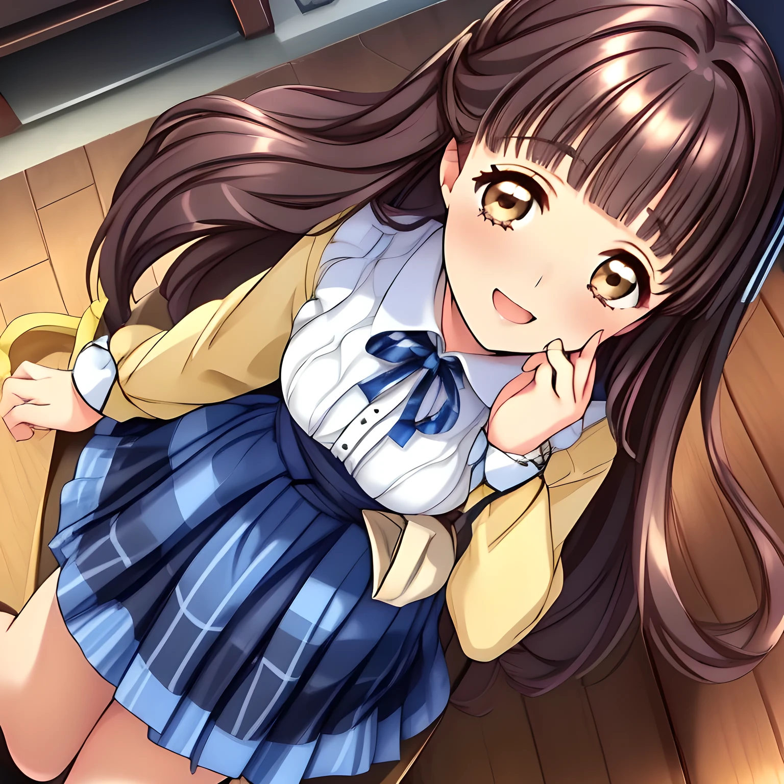 (highest quality, masterpiece:1.2), highest quality, High resolution, 1080p, 8K, solo, (A yo beautiful pretty fashion model succubus is seated on a wooden chair nobly and turning to me, charming laughter, most beloved girl in the school, (intelligent and perfectly balanced slender style), too flirting girly smile, amazingly neat & clean, in peace and neat lovely strong charm, (face up, looking down), tilted head: 1.8), (Too noble beautiful lady like a love-story comic heroine), (laugh in bliss), (Whispering the viewer's subliminal desire secretly to hypnotize the viewer), A very lovely, very noble, pretty and pure beautiful girls. ((Bursting out Laughing very elegantly)), ((white grown face)), Using expensive whitening cosmetics by cosmetics artist: 1.2), A white face that everyone loves, Glossy lips, (curled) bangs, (Too beautiful blue fascinating shiny (double-lidded) (brown eyes) with love to the viewer, ((deep upper girly eyelid)), laughing with detailed clearly: 1.5), ((amazingly beautiful straight (slightly wavy) long black light hair: 1.5)), (Sailor-style school uniform, (Neat smart (yellow blouse))): 1.8), (A very neat, (tartan-checkered pleated blue skirt with thin fabric belt): 1.2), (too pretty shiny light-yellow realistic school ribbon): 1.5), (Shiny game heroine lips, extremely laughing open mouth: 1.0), (Ribbon in (black hair), long thin braids, The ribbon is big and very pretty), (Tight waist, slender like a beautiful fashion model: 1.5), (The background is (plain black space with lovely heart stars) to emphasize her fascination: 1.8), (The lady knows well about the viewer's super fetishism for school uniforms, and satisfies it completely in the viewer's lewd dream: 1.7), (beautiful neat fascinating cute noble atmosphere in a high school only for beautiful ladies to learn how to be charming: 1.8), (one girl, take a full body shot from her side: 1.2)