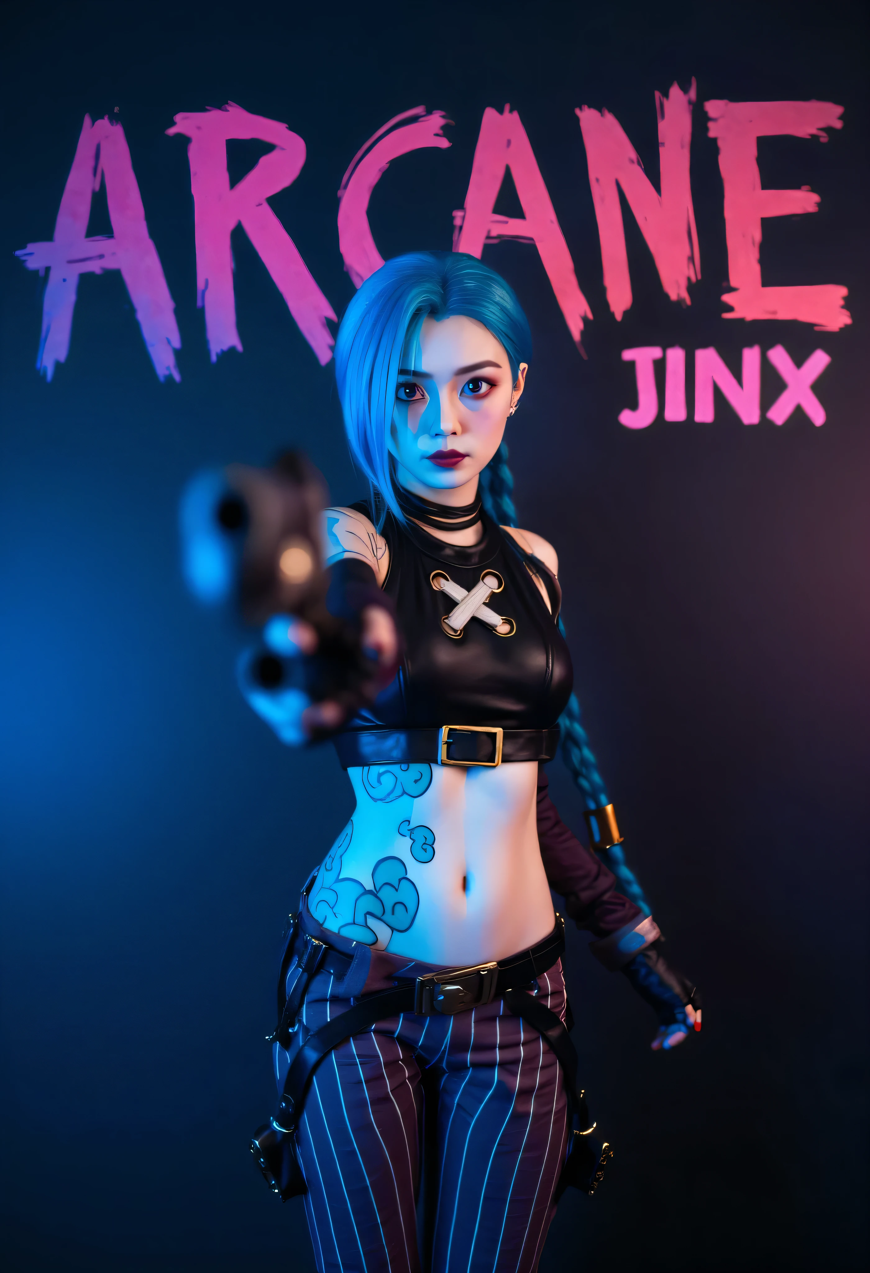 JinXa , uma fotografia em estilo retrato com JinXa , standing against a background with the text 'ARCANE' and 'JINX' in bold , bright letters stylized on a dark blue background . The subject is a girl with fair skin and stunning blue hair styled dramatically, fashion combed back . She is wearing a black leather blouse with a design with a distinct cross on the chest , revealing a tattoo on her abdomen . The outfit includes brown pants with vertical white stripes and a large belt with a buckle Metallic . The girl is holding a gun , pointing it at the camera , and wearing fingerless gloves . Her makeup is bold , with dark lipstick and eye makeup that accentuate her features , olhar para camera