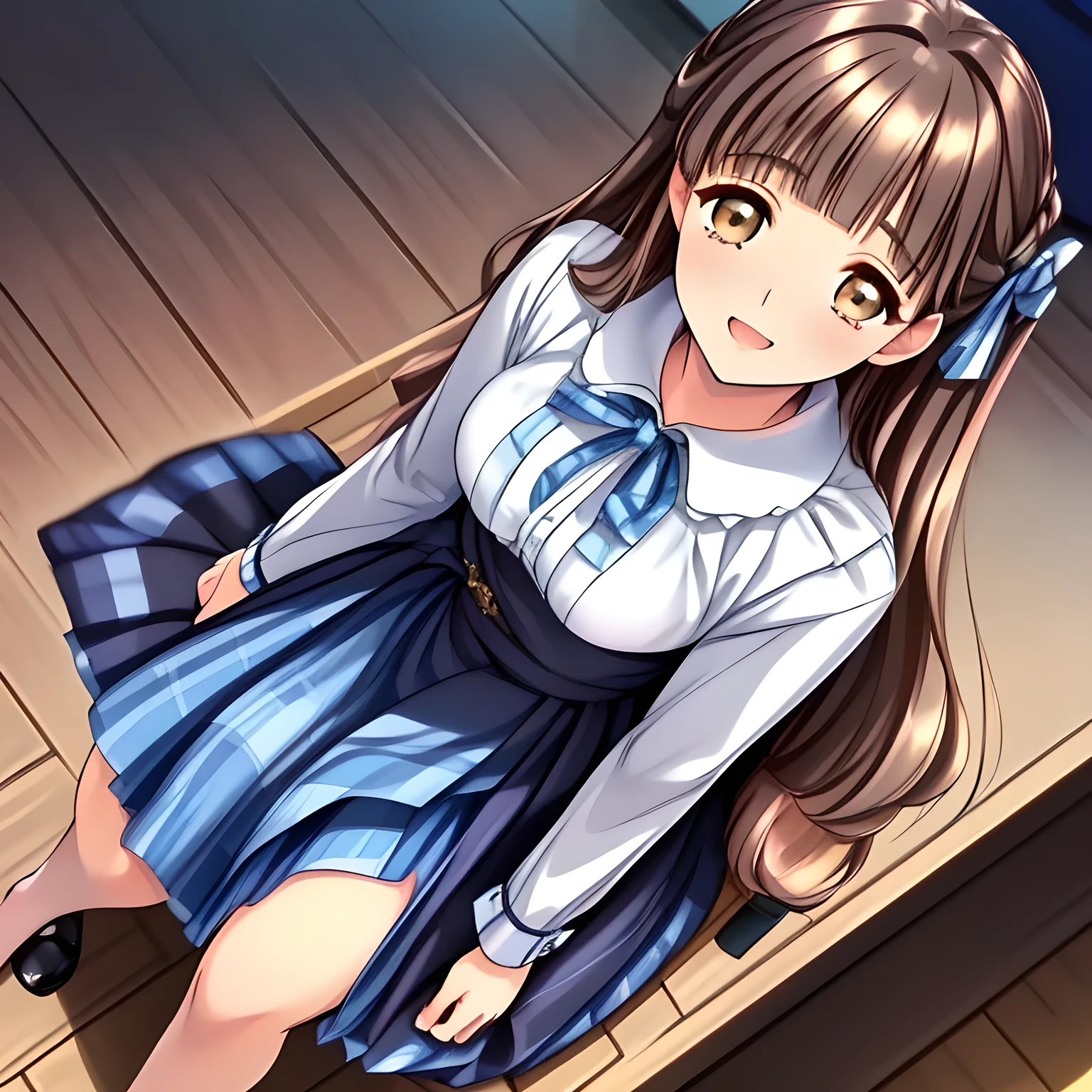 (highest quality, masterpiece:1.2), highest quality, High resolution, 1080p, 8K, solo, (A yo beautiful pretty fashion model succubus is seated on a wooden chair nobly and turning to me, laughing at me loud, looking down on me, most beloved girl in the school, (intelligent and perfectly balanced slender style), too flirting girly smile, amazingly neat & clean, in peace and neat lovely strong charm, (face up, looking down), tilted head: 1.8), (Too noble beautiful lady like a love-story comic heroine), (laugh in bliss), (Whispering the viewer's subliminal desire secretly to hypnotize the viewer), A very lovely, very noble, pretty and pure beautiful girls. ((Bursting out Laughing very elegantly)), ((white grown face)), Using expensive whitening cosmetics by cosmetics artist: 1.2), A white face that everyone loves, Glossy lips, (curled) bangs, (Too beautiful blue fascinating shiny (double-lidded) (brown eyes) with love to the viewer, ((deep upper girly eyelid)), laughing with detailed clearly: 1.5), ((amazingly beautiful straight (slightly wavy) long black light hair: 1.5)), (Sailor-style school uniform, (Neat smart (yellow blouse))): 1.8), (A very neat, (tartan-checkered pleated blue skirt with thin fabric belt): 1.2), (too pretty shiny light-yellow realistic school ribbon): 1.5), (Shiny game heroine lips, extremely laughing open mouth: 1.0), (Ribbon in (black hair), long thin braids, The ribbon is big and very pretty), (Tight waist, slender like a beautiful fashion model: 1.5), (The background is (plain black space with lovely heart stars) to emphasize her fascination: 1.8), (The lady knows well about the viewer's super fetishism for school uniforms, and satisfies it completely in the viewer's lewd dream: 1.7), (beautiful neat fascinating cute noble atmosphere in a high school only for beautiful ladies to learn how to be charming: 1.8), (one girl, take a full body shot from her side: 1.2)